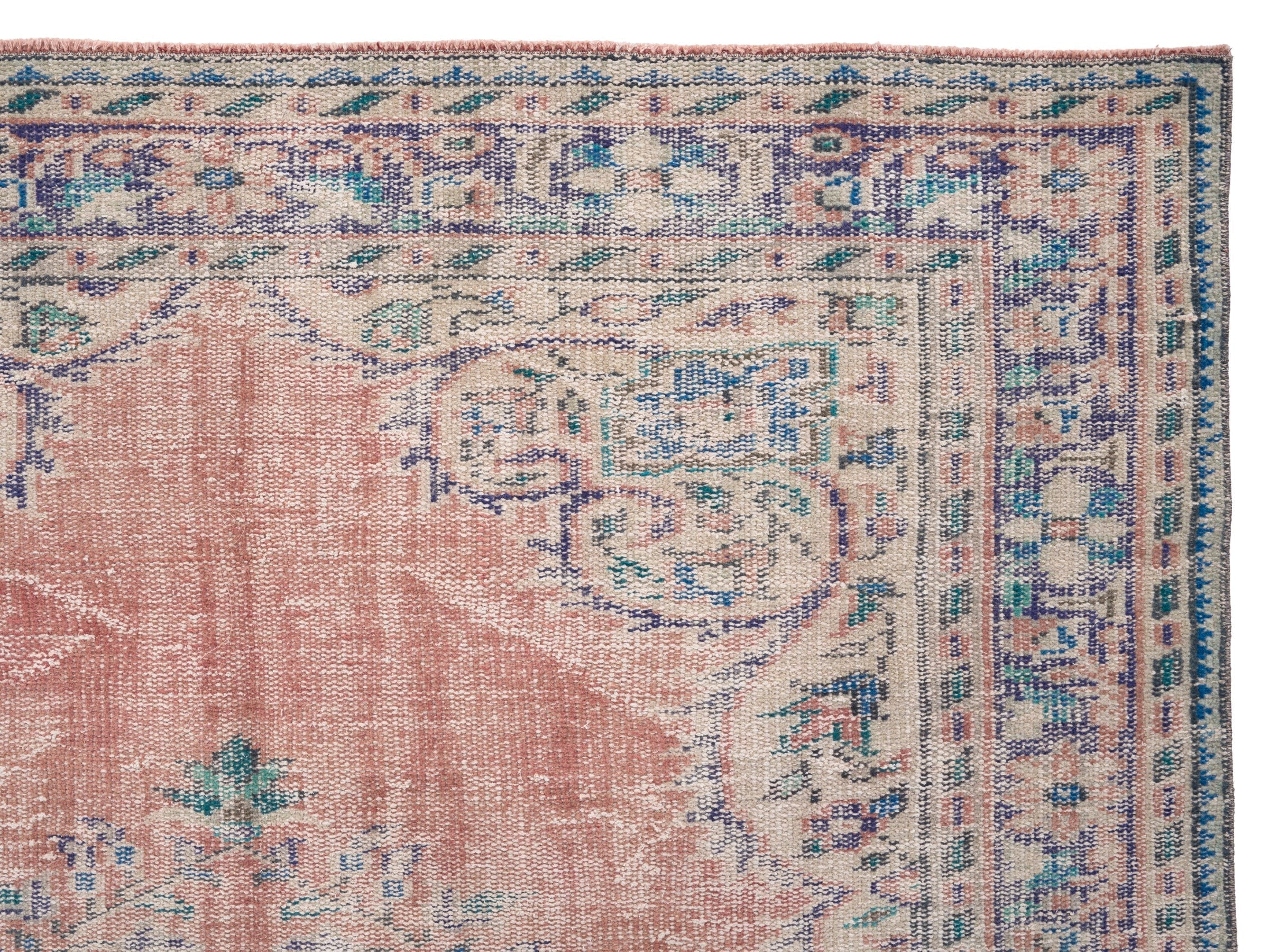 Turkish Manisa area rug in muted pink and denim, view 8 of 10