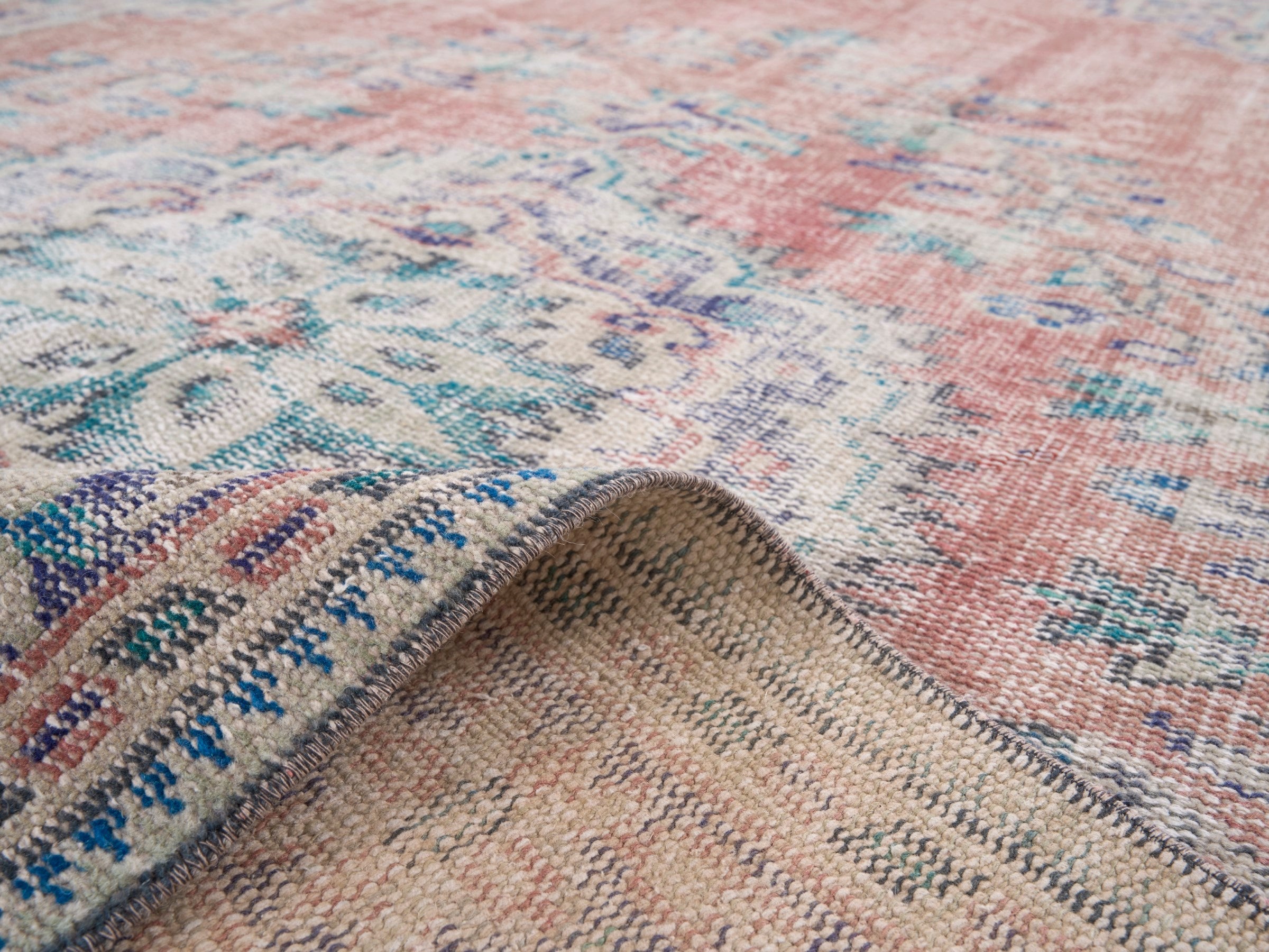 Turkish Manisa area rug in muted pink and denim, view 9 of 10