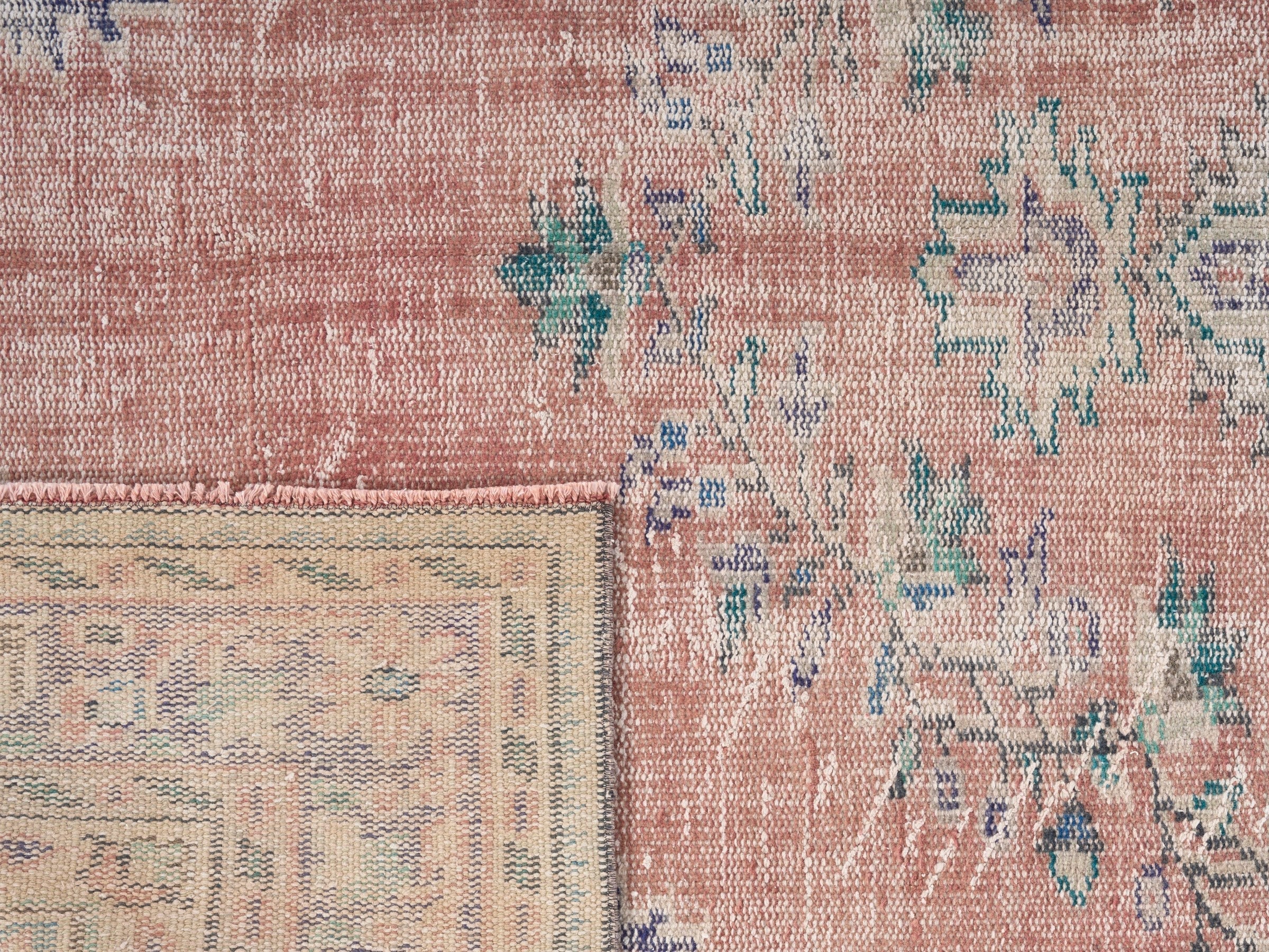 Turkish Manisa area rug in muted pink and denim, view 10 of 10