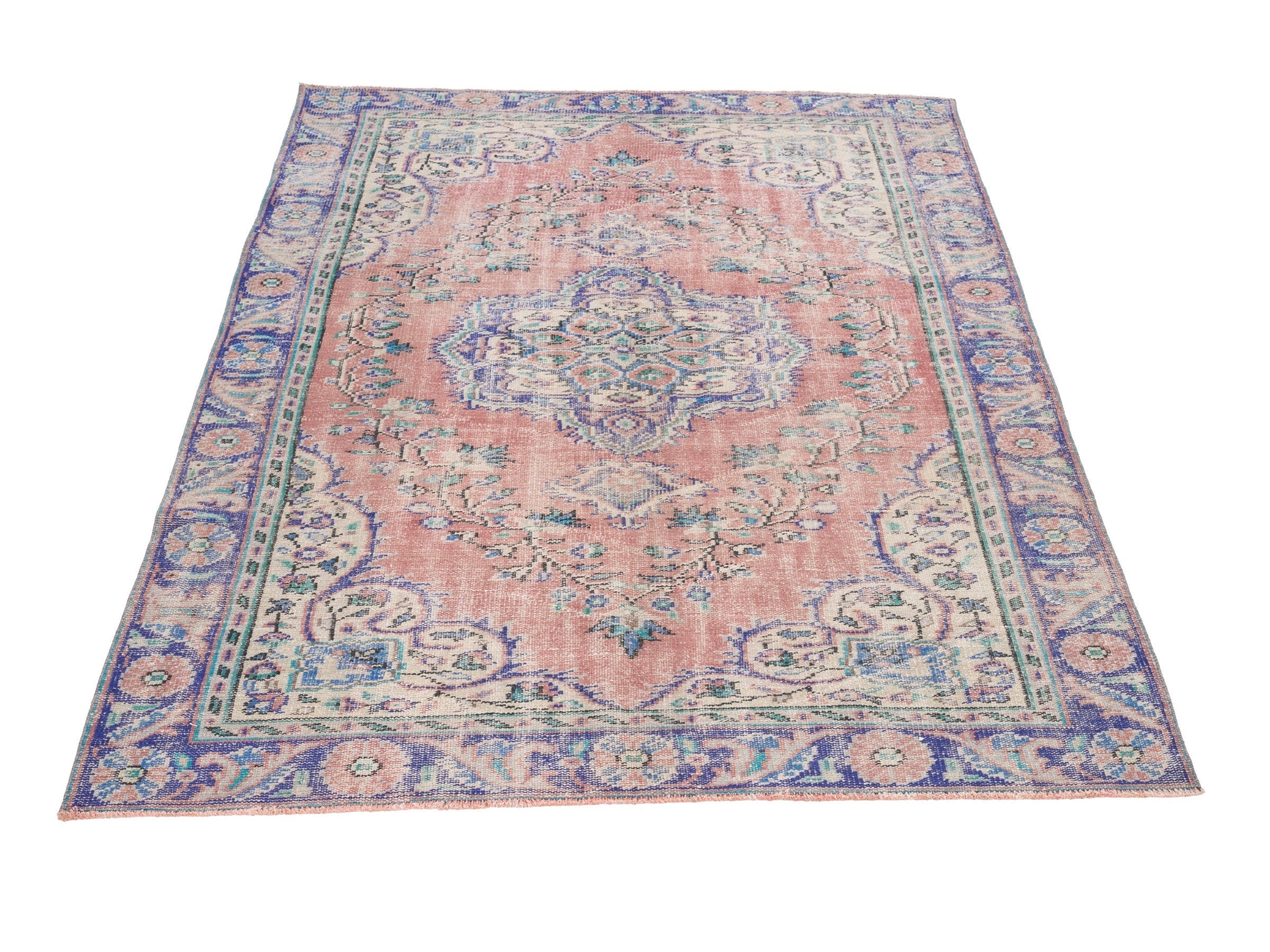 Turkish Manisa area rug in muted pink and navy, view 2 of 10