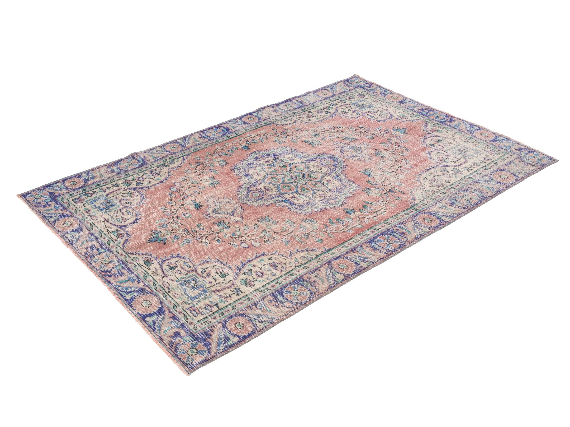Turkish Manisa area rug in muted pink and navy, view 3 of 10