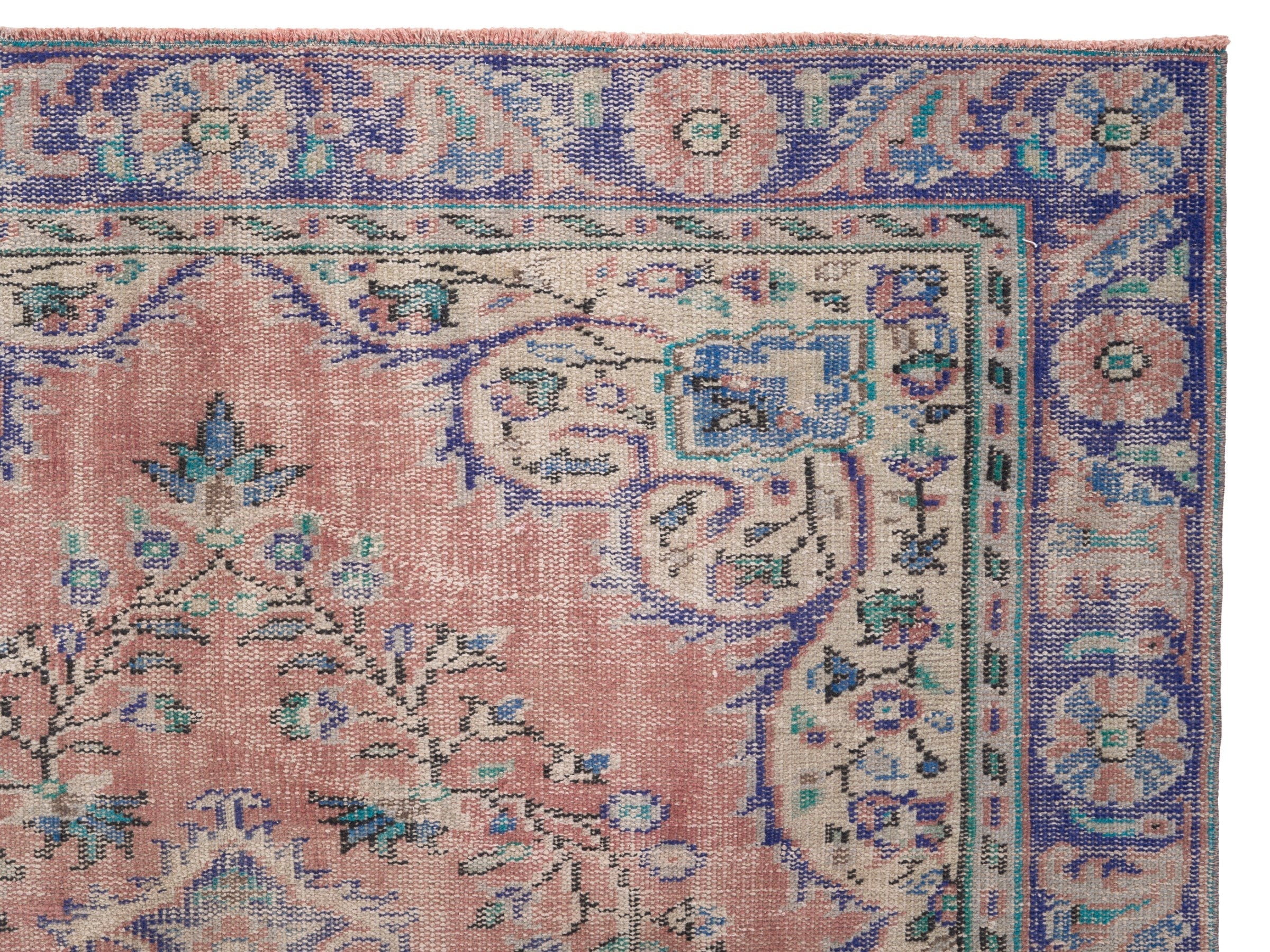 Turkish Manisa area rug in muted pink and navy, view 8 of 10