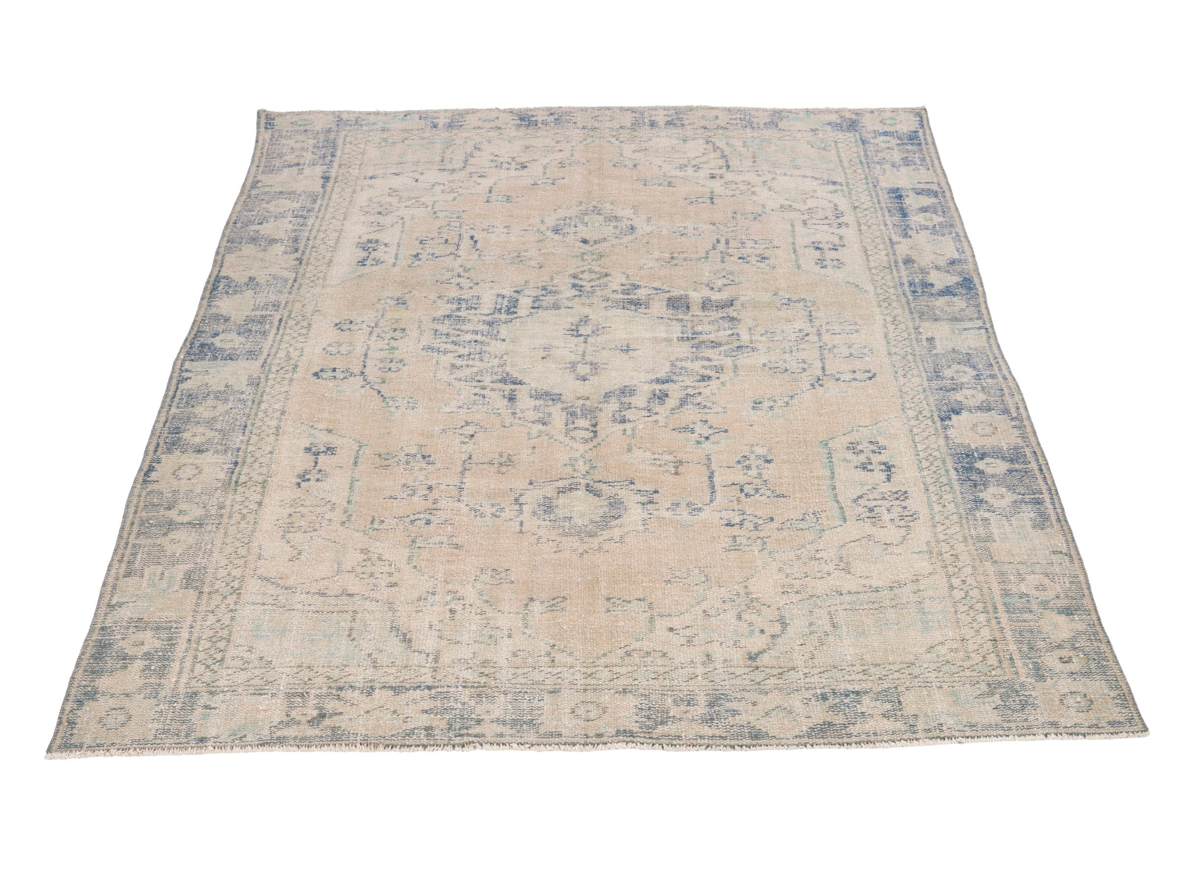 Turkish Manisa area rug in tan and slate blue, view 2 of 10