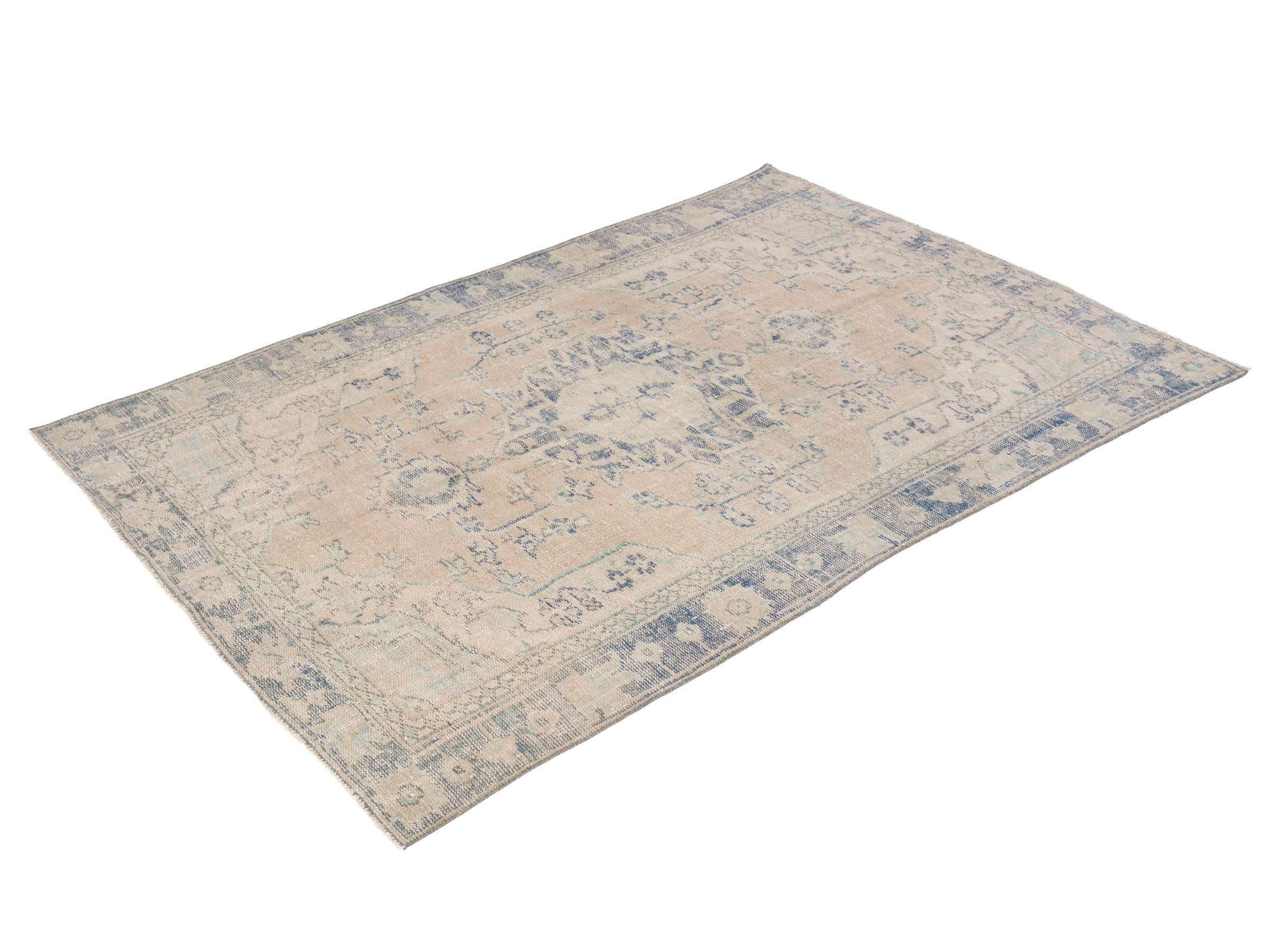 Turkish Manisa area rug in tan and slate blue, view 3 of 10