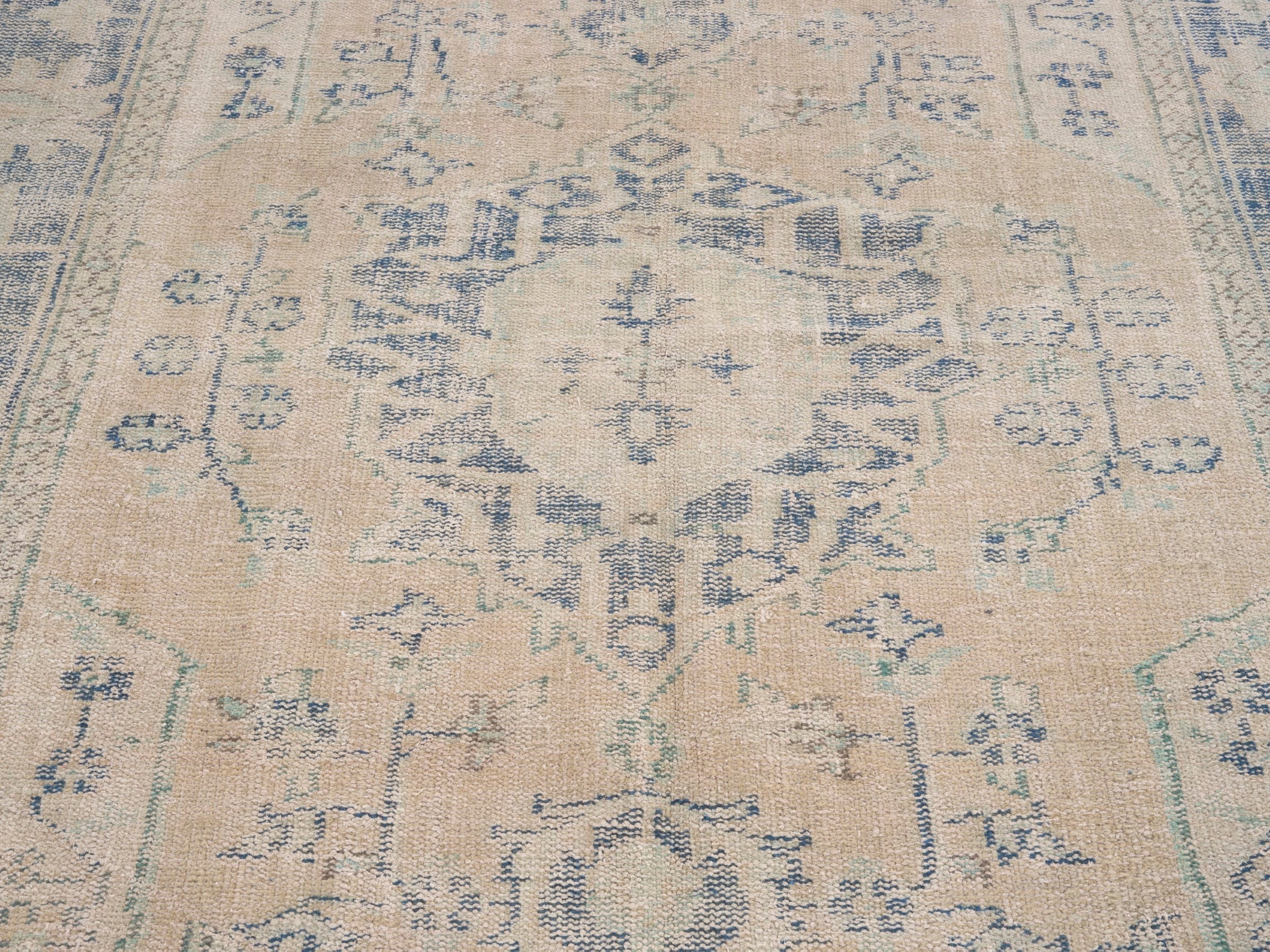 Turkish Manisa area rug in tan and slate blue, view 4 of 10