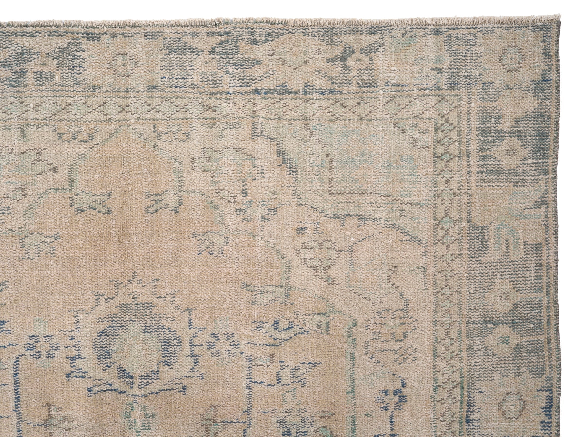 Turkish Manisa area rug in tan and slate blue, view 8 of 10