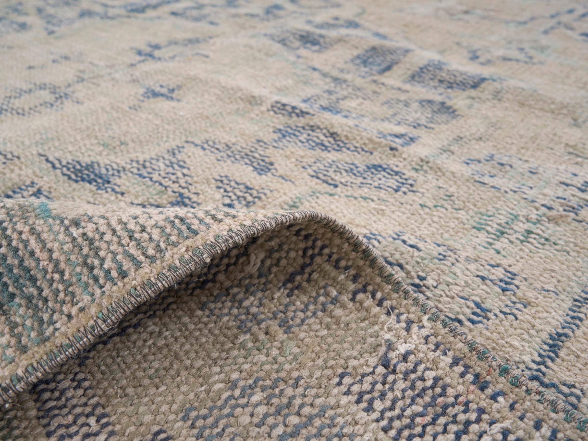 Turkish Manisa area rug in tan and slate blue, view 9 of 10