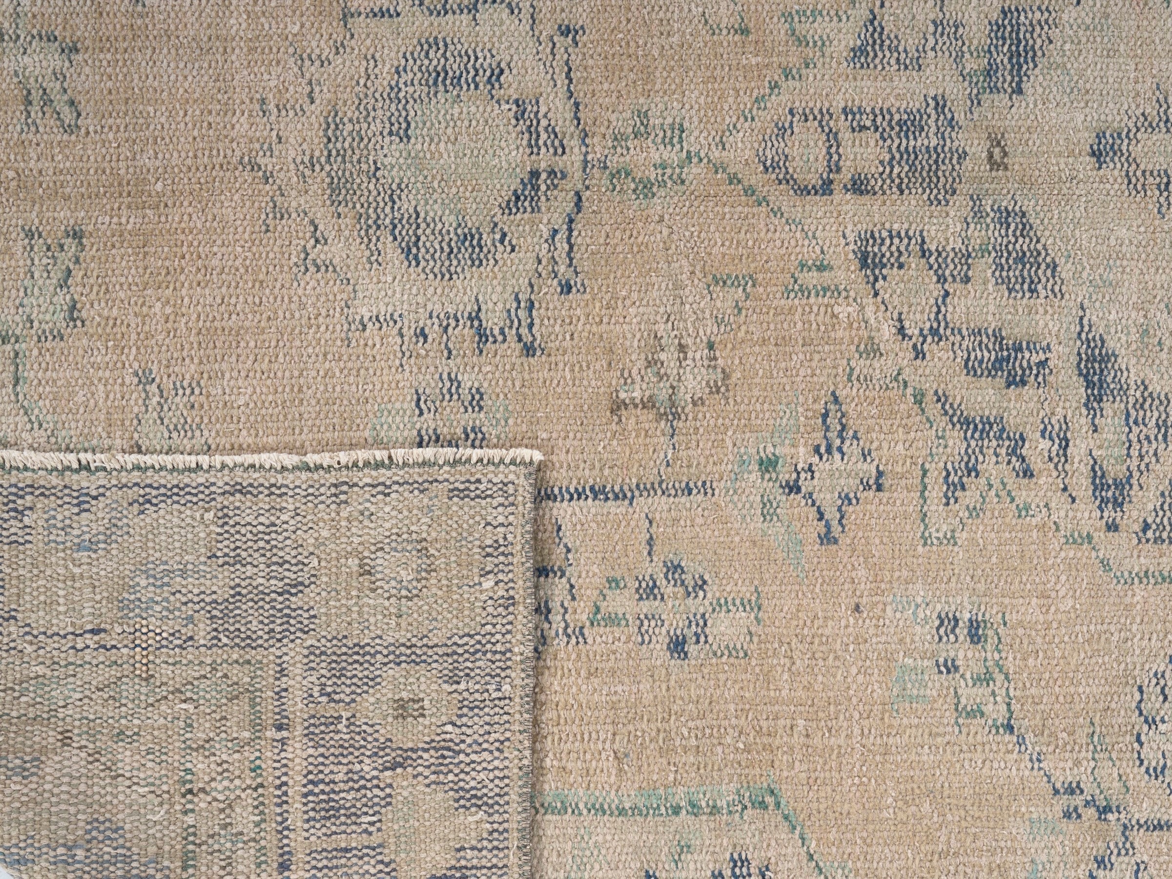 Turkish Manisa area rug in tan and slate blue, view 10 of 10