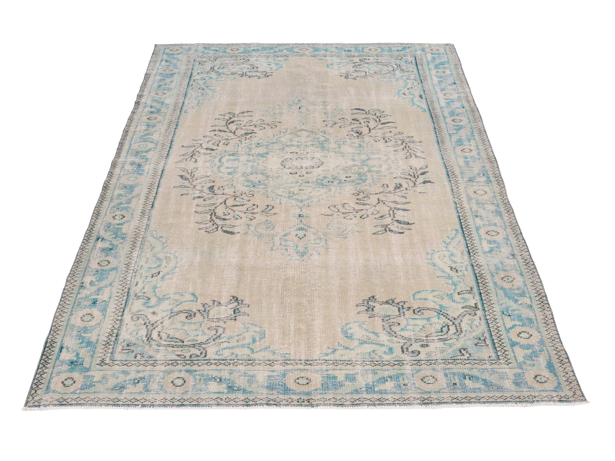 Turkish Manisa area rug in cream and sky, view 2 of 10