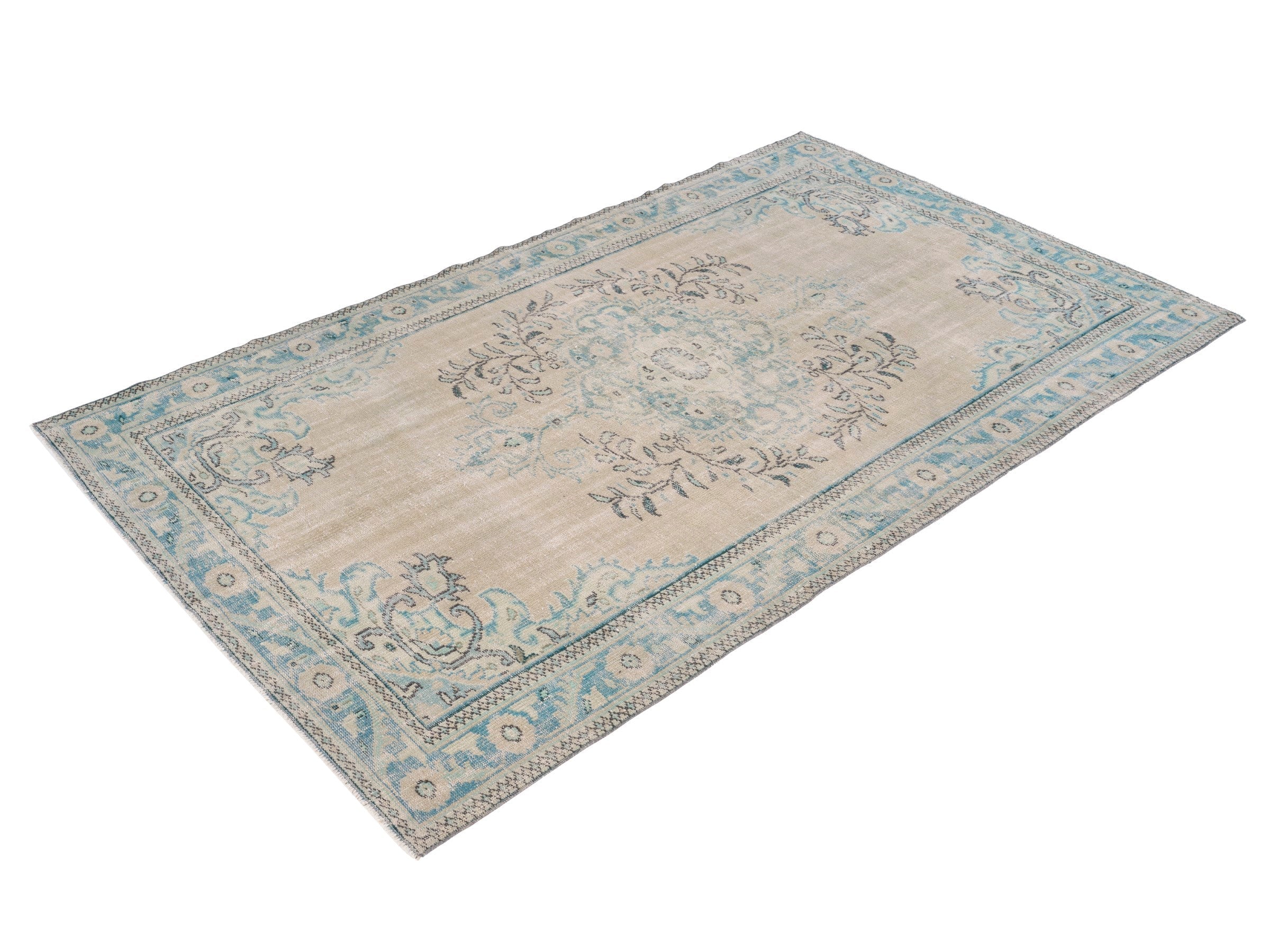 Turkish Manisa area rug in cream and sky, view 3 of 10