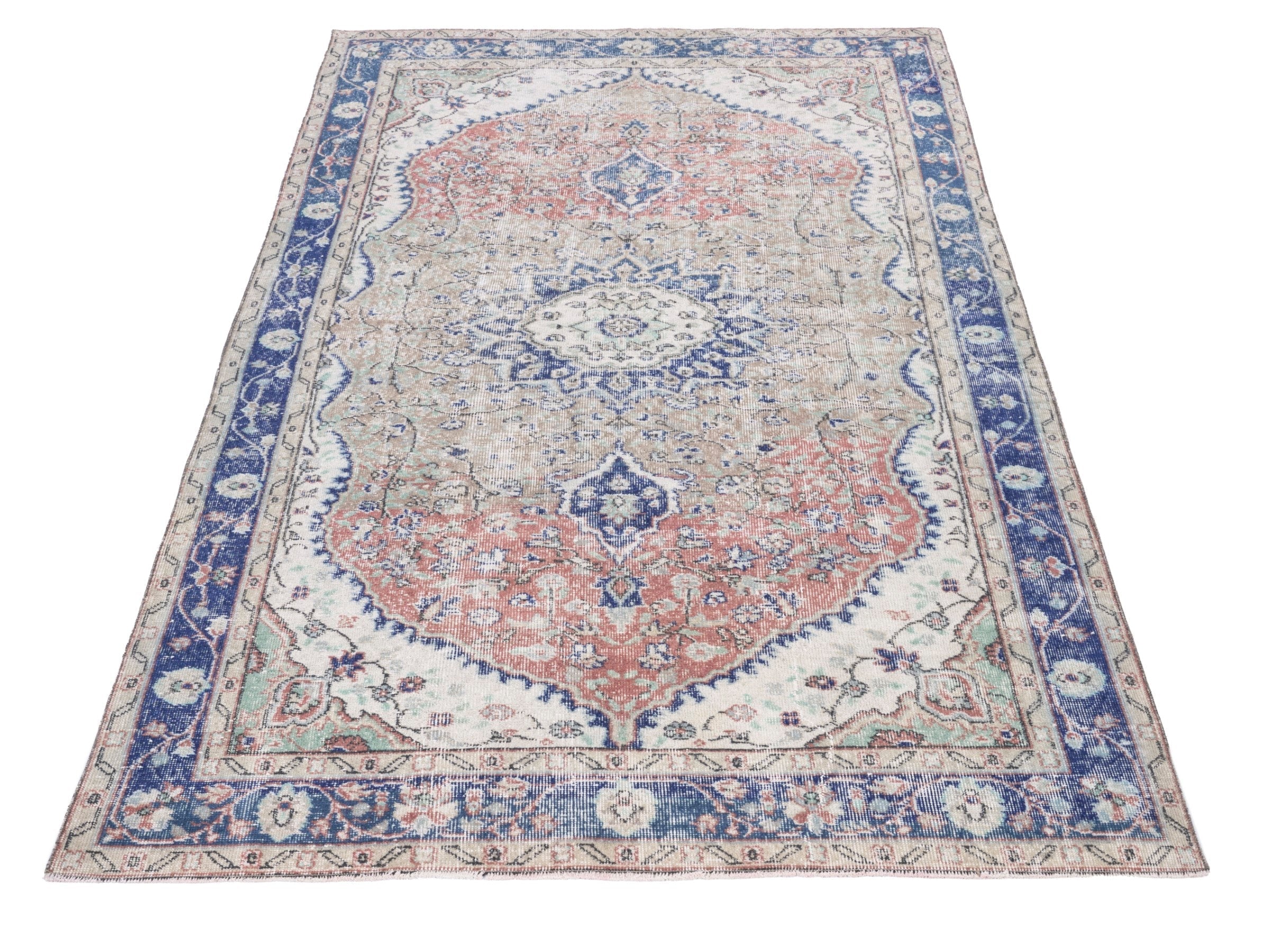 Turkish Isparta area rug in cream and navy, view 2 of 10