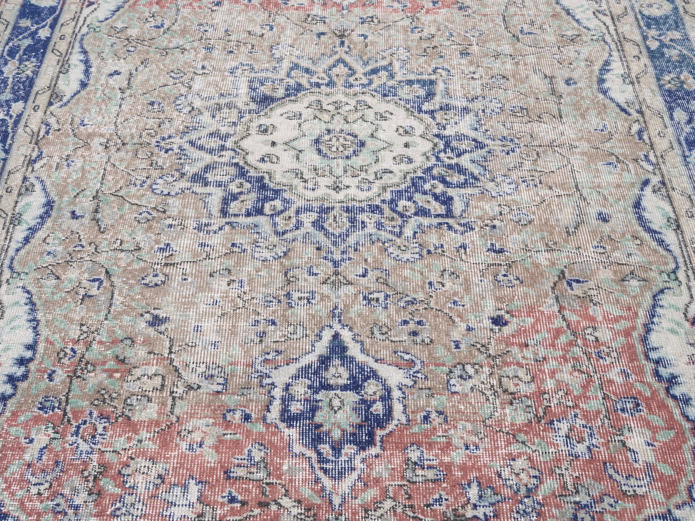 Turkish Isparta area rug in cream and navy, view 4 of 10