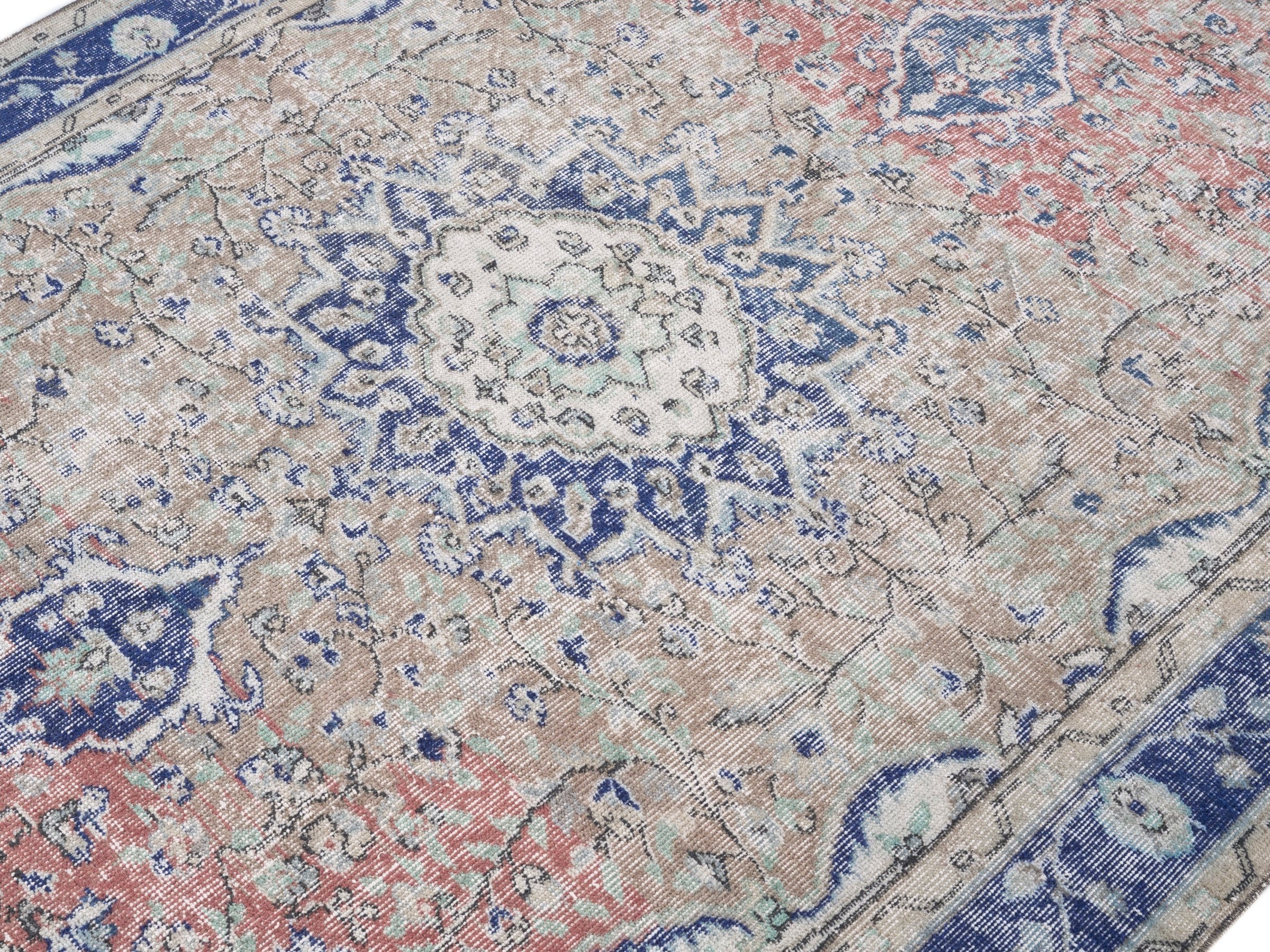 Turkish Isparta area rug in cream and navy, view 5 of 10