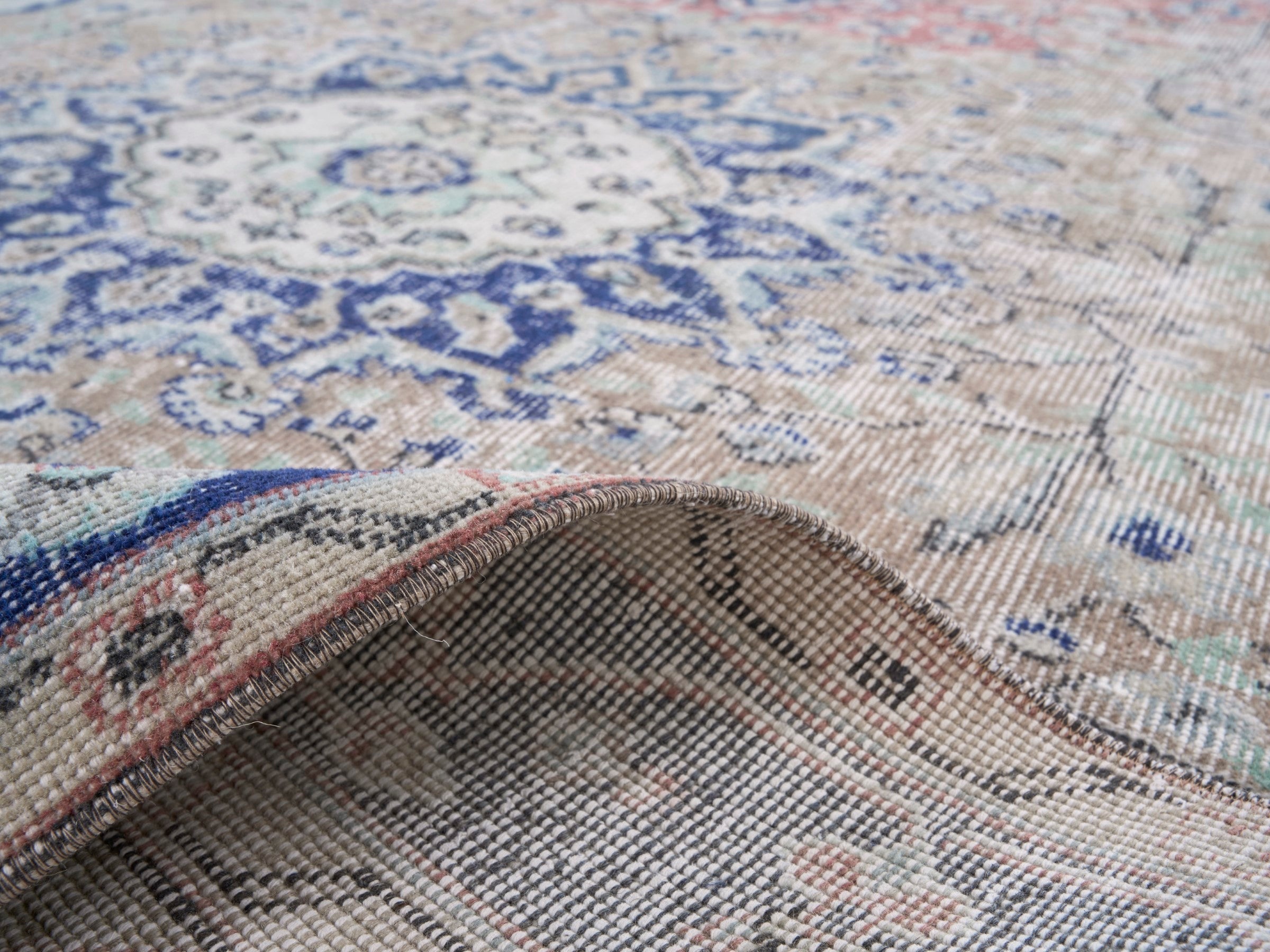 Turkish Isparta area rug in cream and navy, view 9 of 10