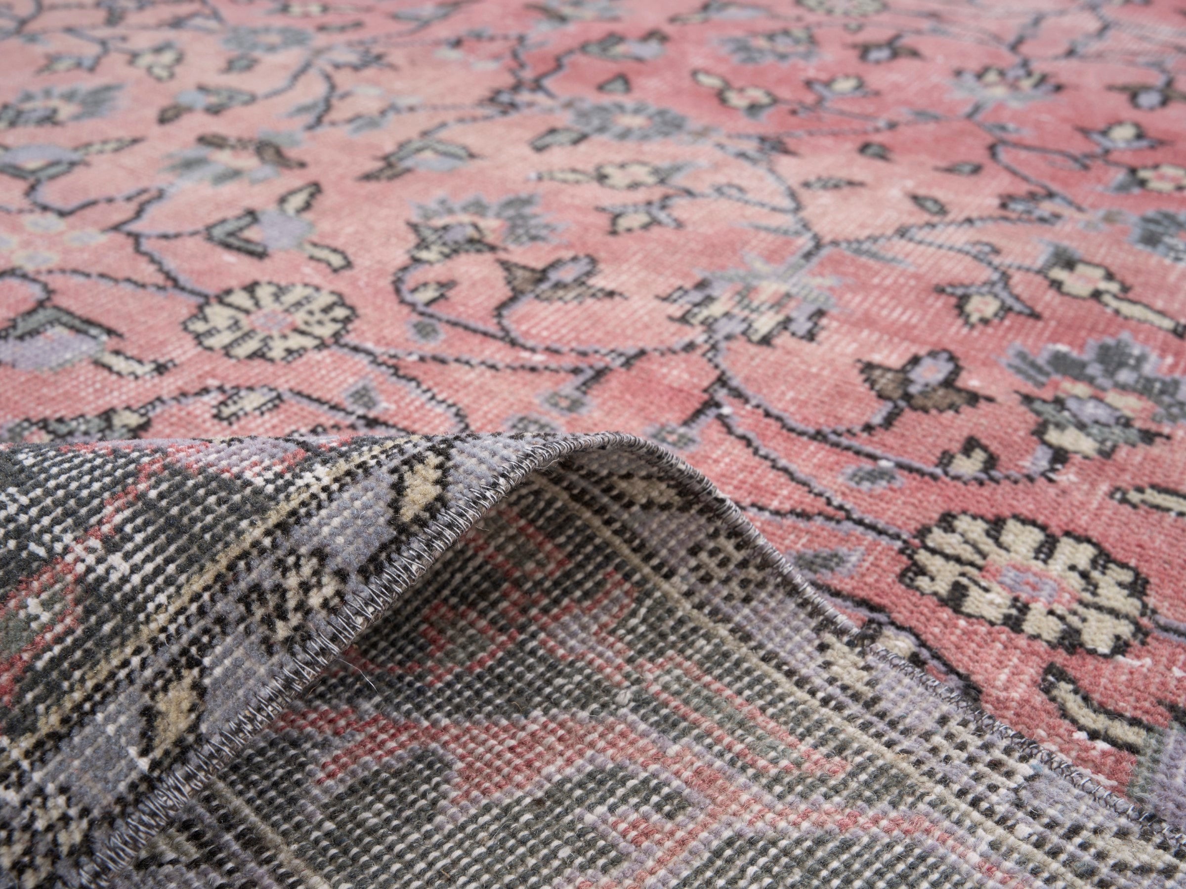 Turkish Isparta area rug in muted pink and slate blue, view 9 of 10