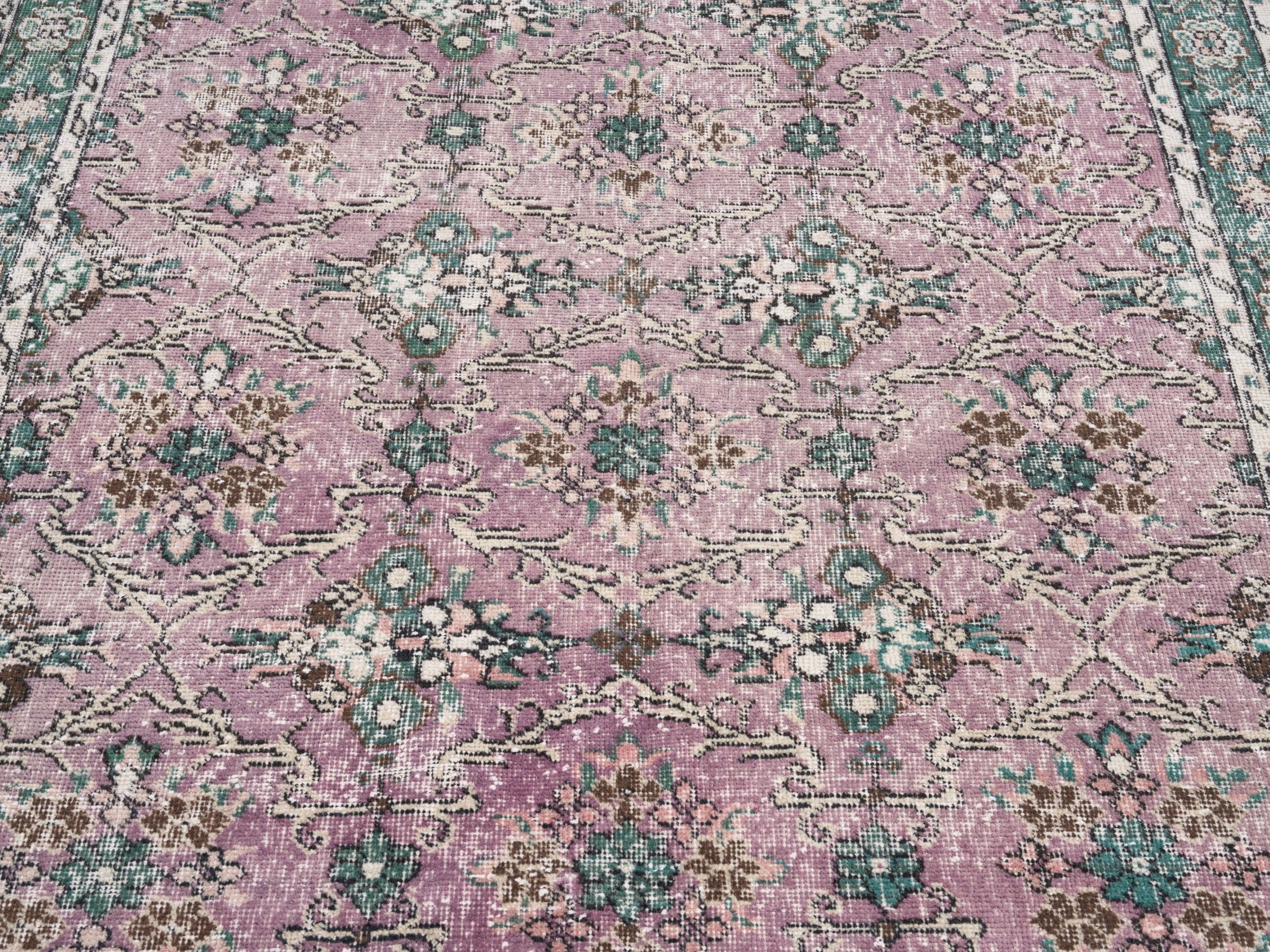 Turkish Isparta area rug in dusty rose and sage, view 4 of 10