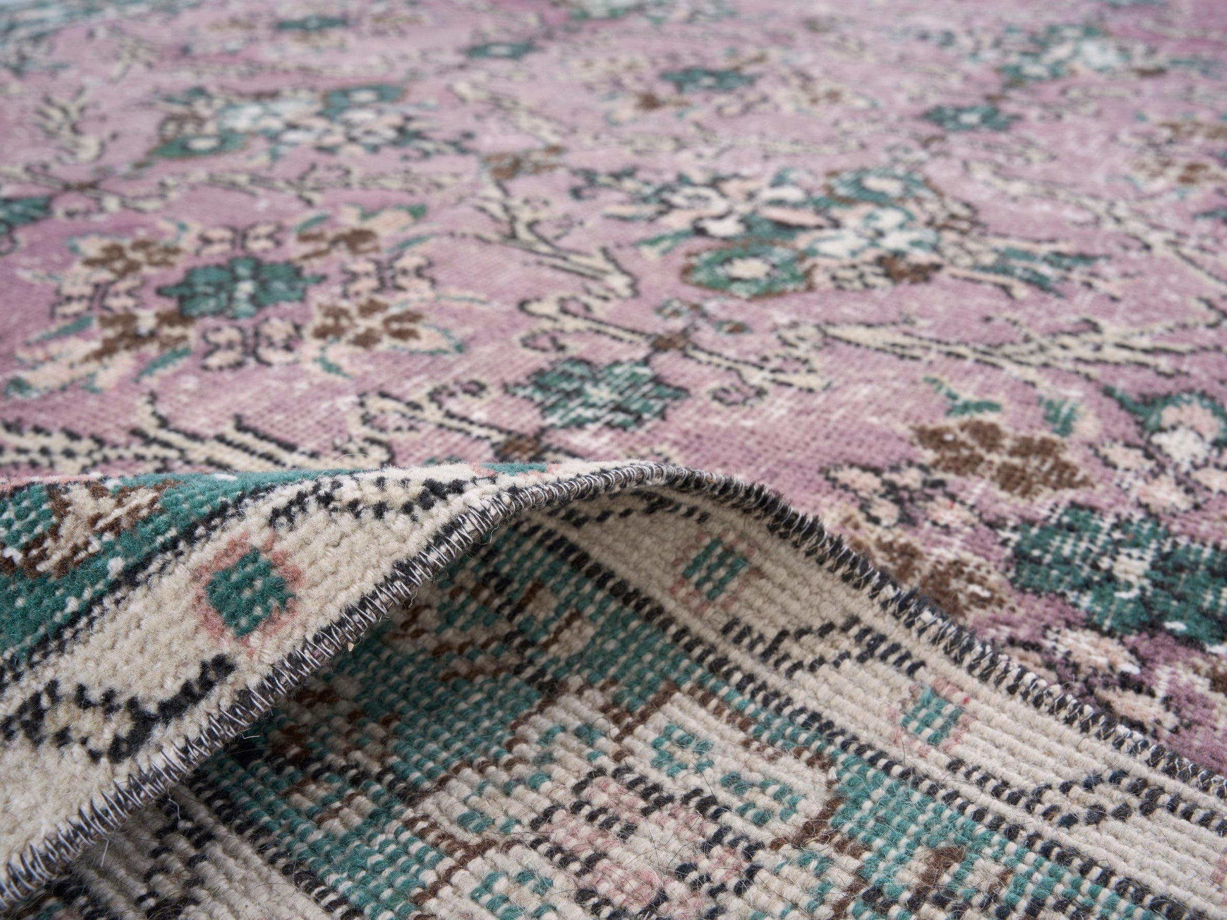 Turkish Isparta area rug in dusty rose and sage, view 9 of 10