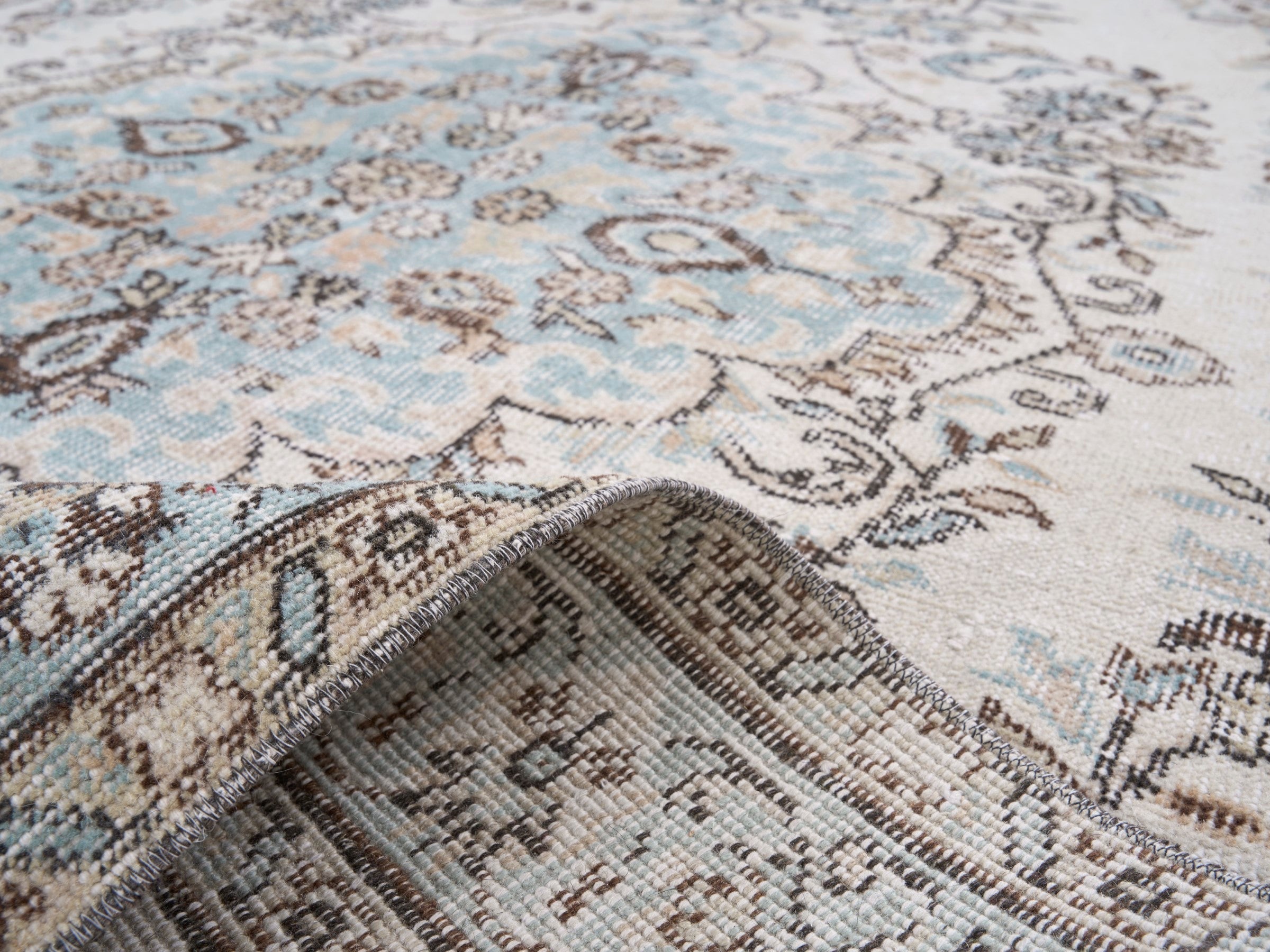 Turkish Isparta area rug in cream and greige, view 9 of 10