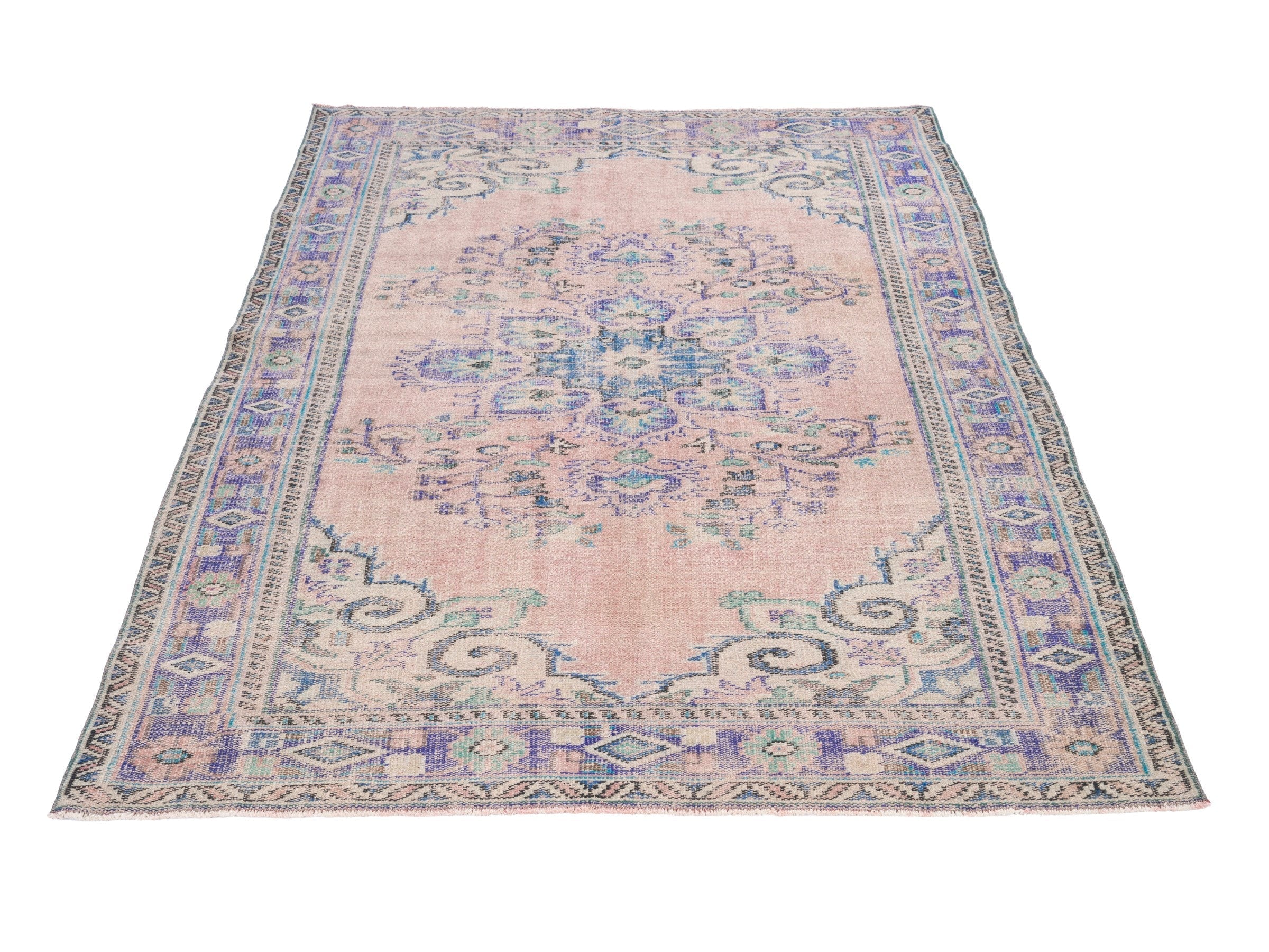 Turkish Manisa area rug in muted pink and dusty blue, view 2 of 10