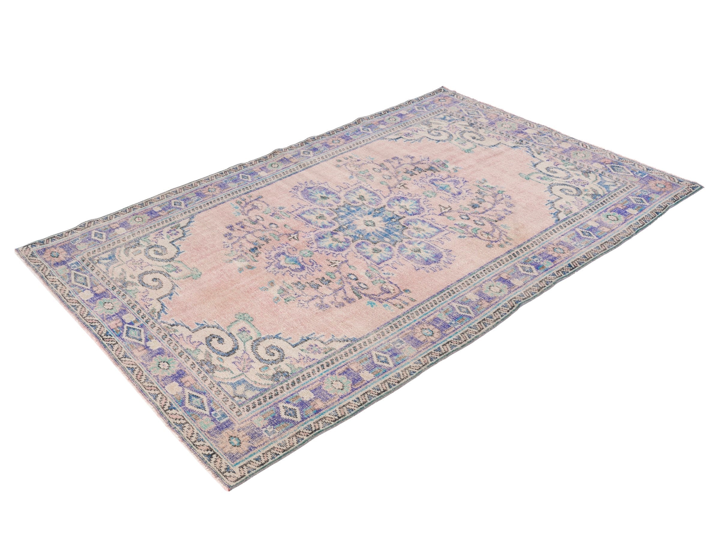 Turkish Manisa area rug in muted pink and dusty blue, view 3 of 10