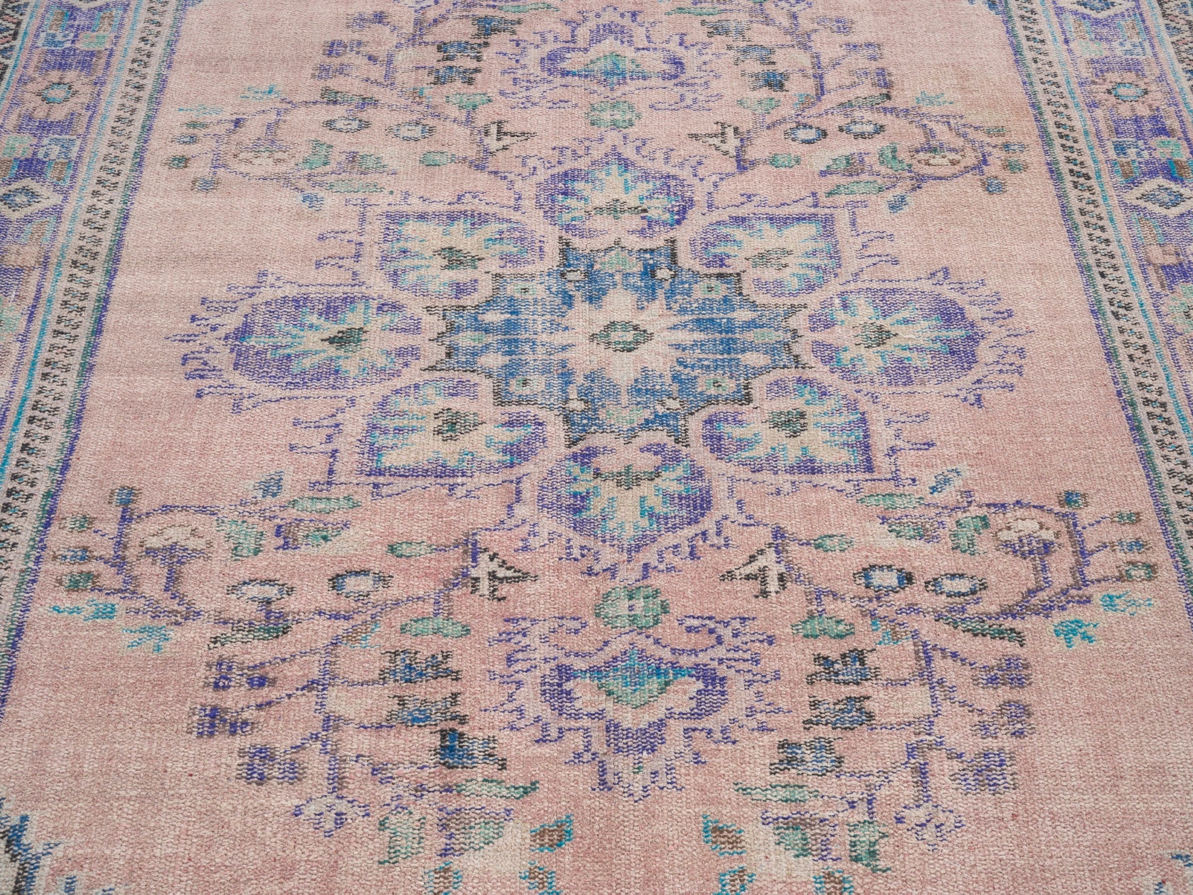 Turkish Manisa area rug in muted pink and dusty blue, view 4 of 10