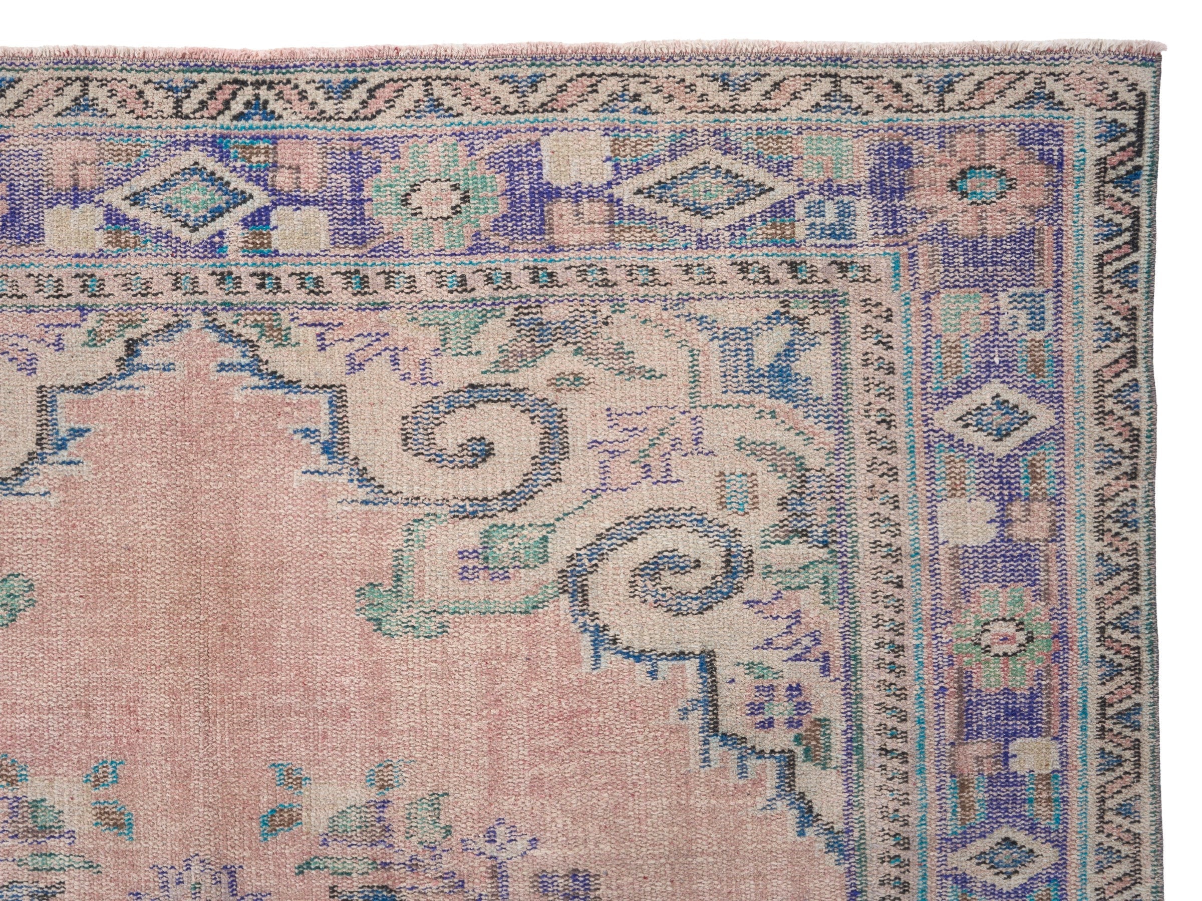 Turkish Manisa area rug in muted pink and dusty blue, view 8 of 10