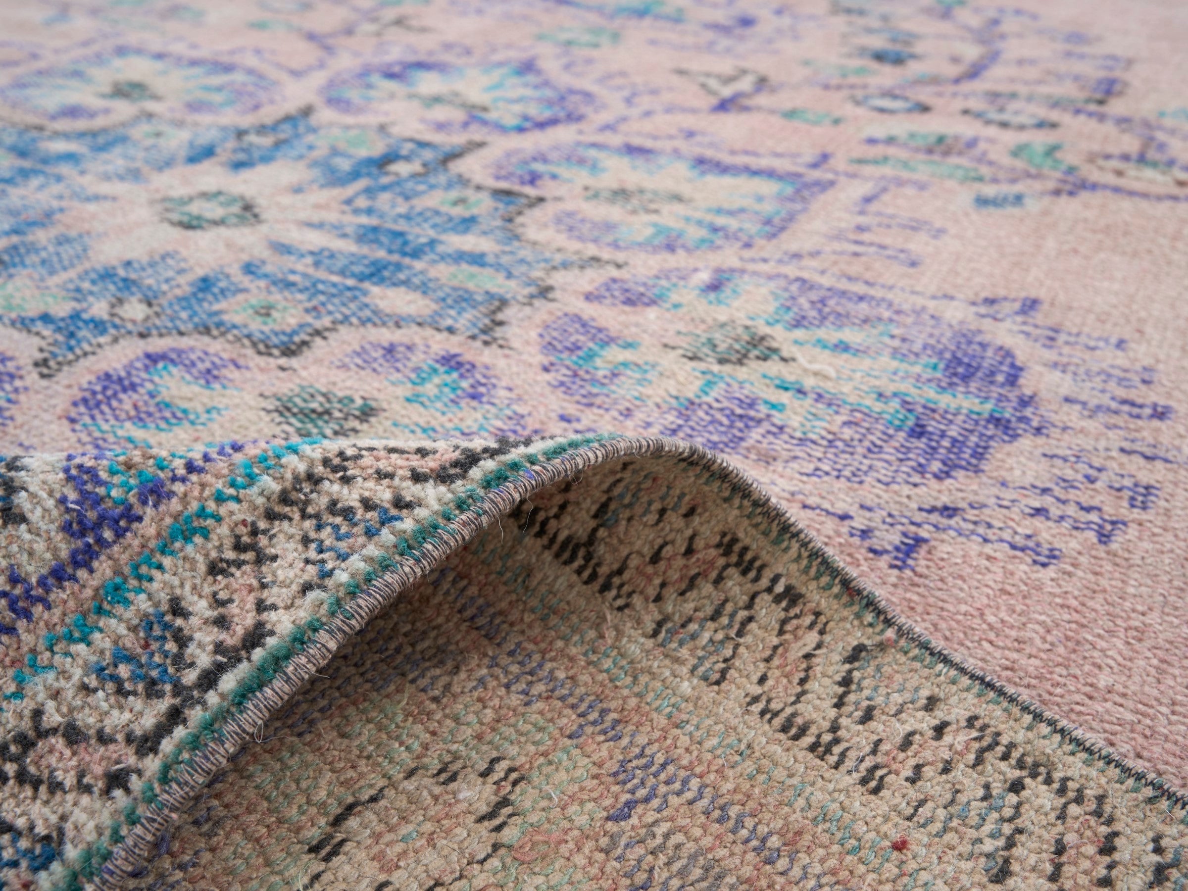 Turkish Manisa area rug in muted pink and dusty blue, view 9 of 10