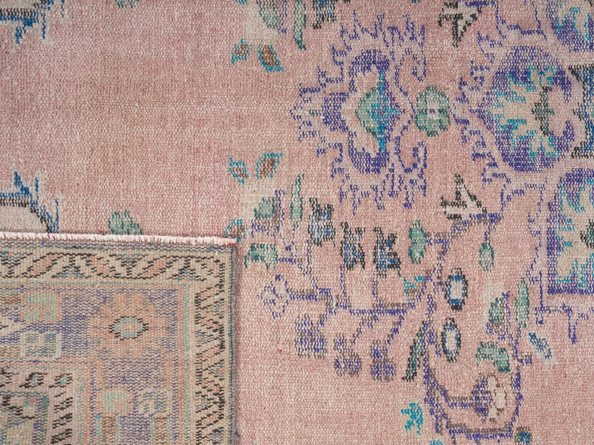 Turkish Manisa area rug in muted pink and dusty blue, view 10 of 10