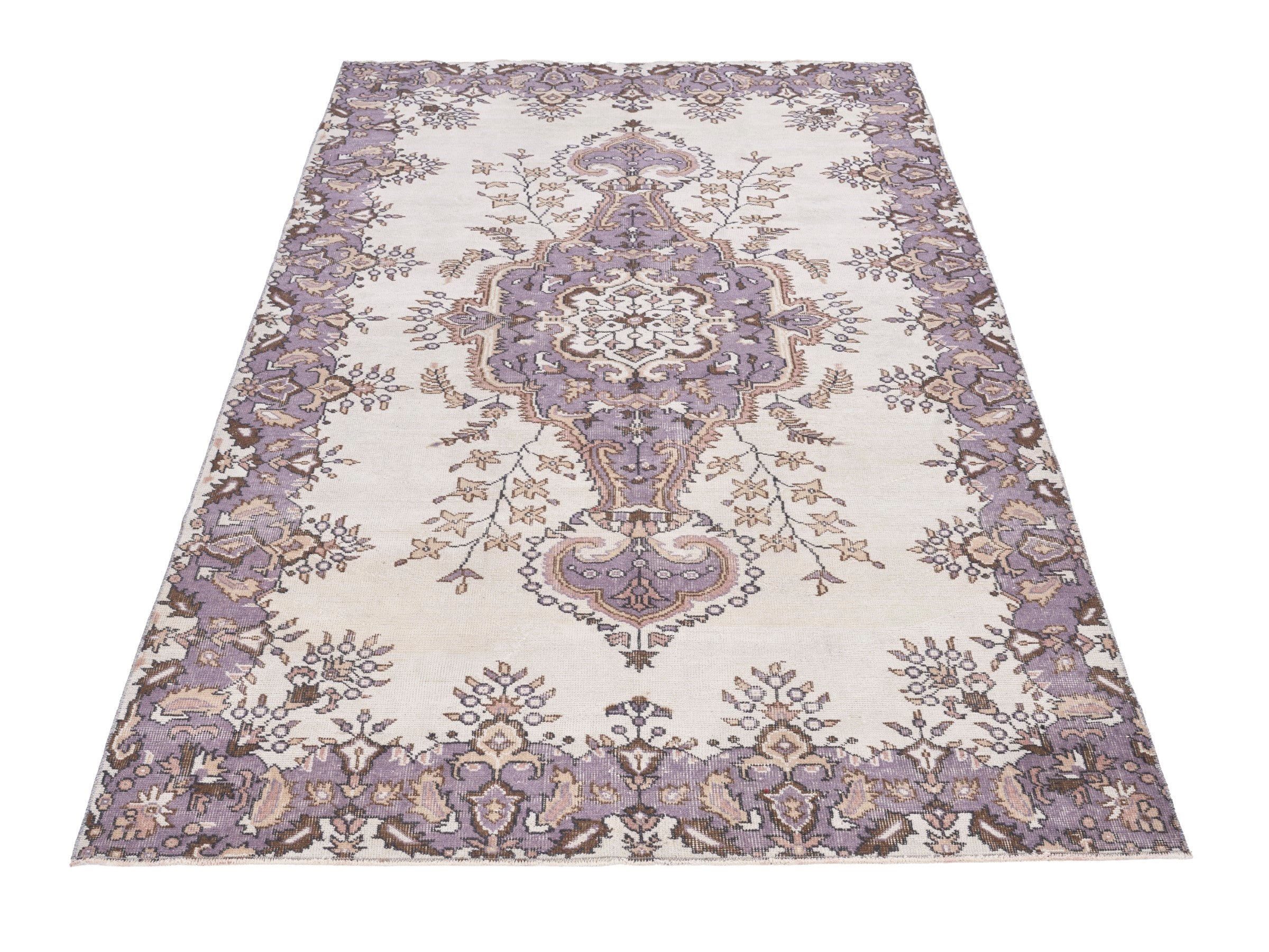 Turkish Isparta area rug in cream and plum, view 2 of 10