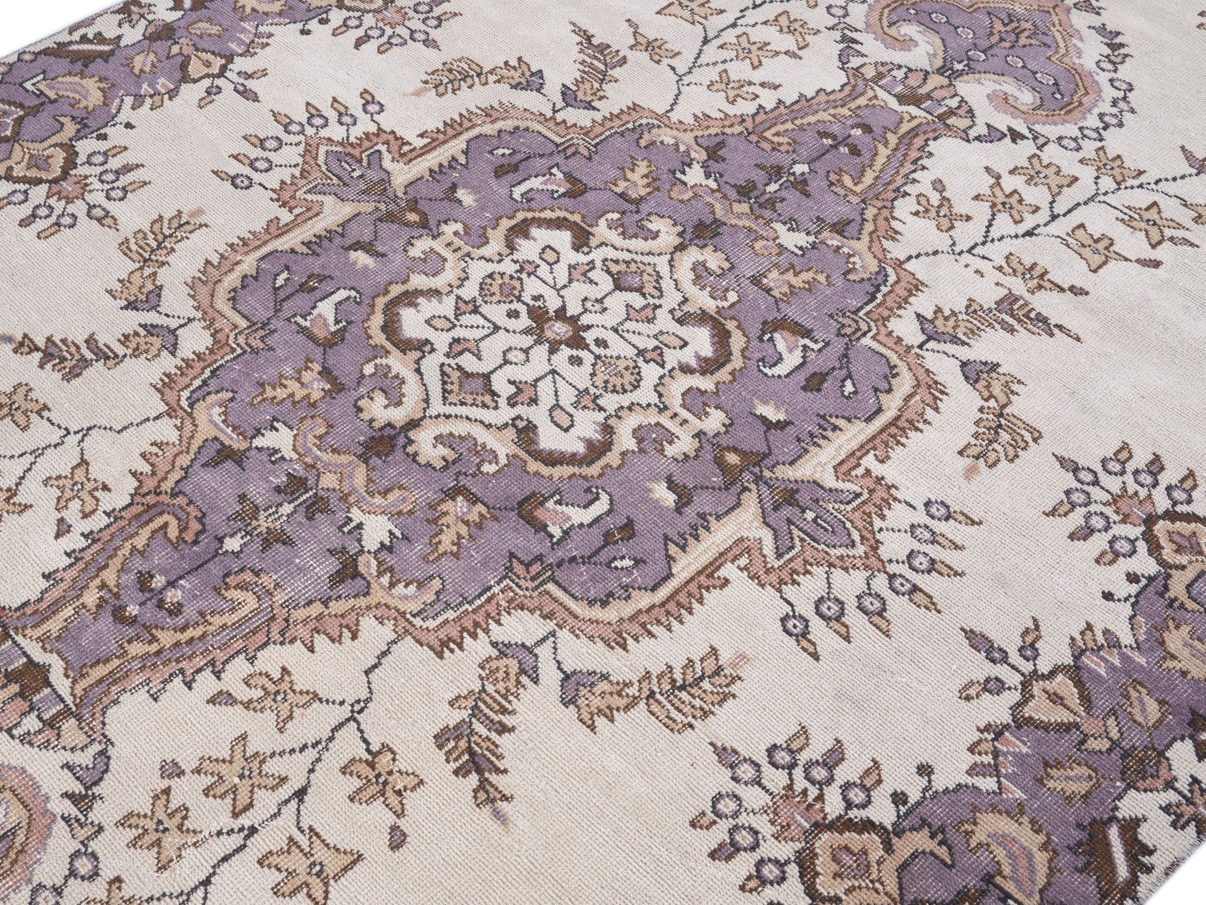 Turkish Isparta area rug in cream and plum, view 5 of 10