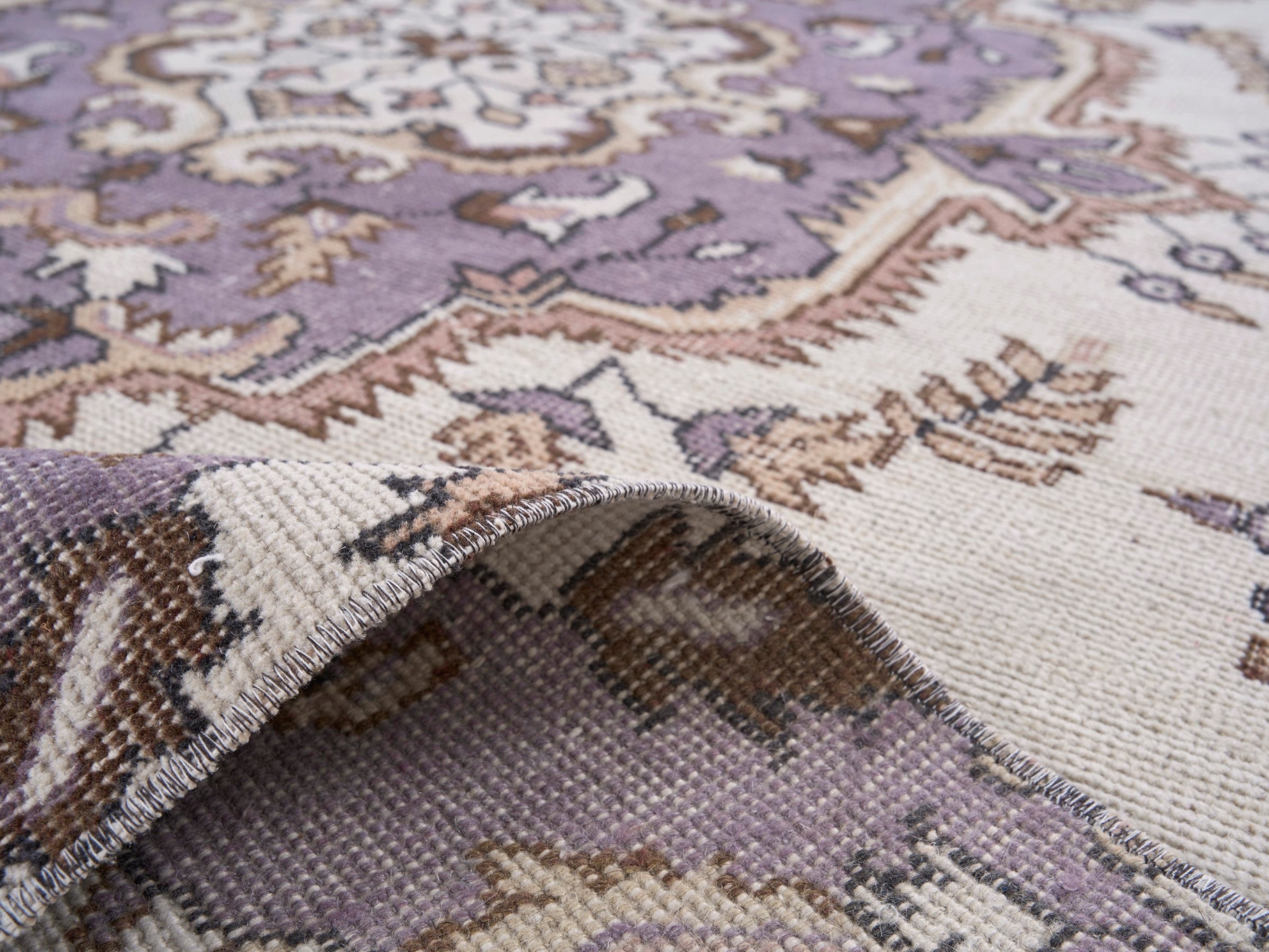 Turkish Isparta area rug in cream and plum, view 9 of 10