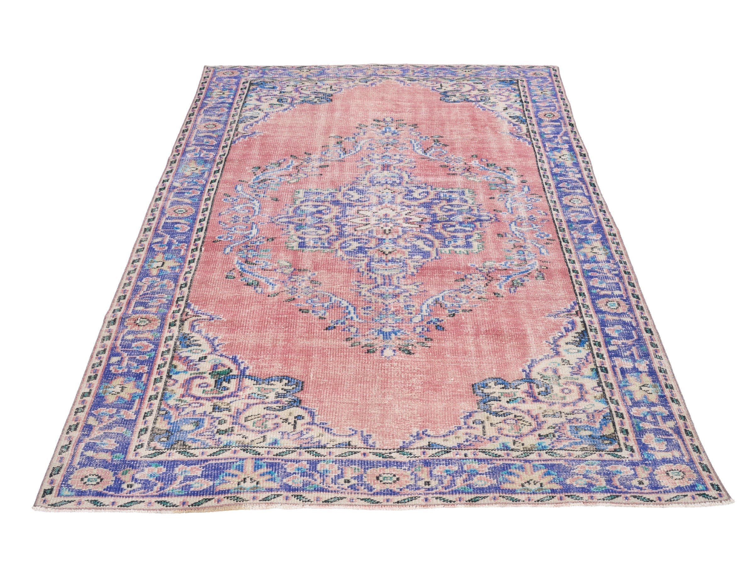 Turkish Manisa area rug in muted pink and slate blue, view 2 of 10