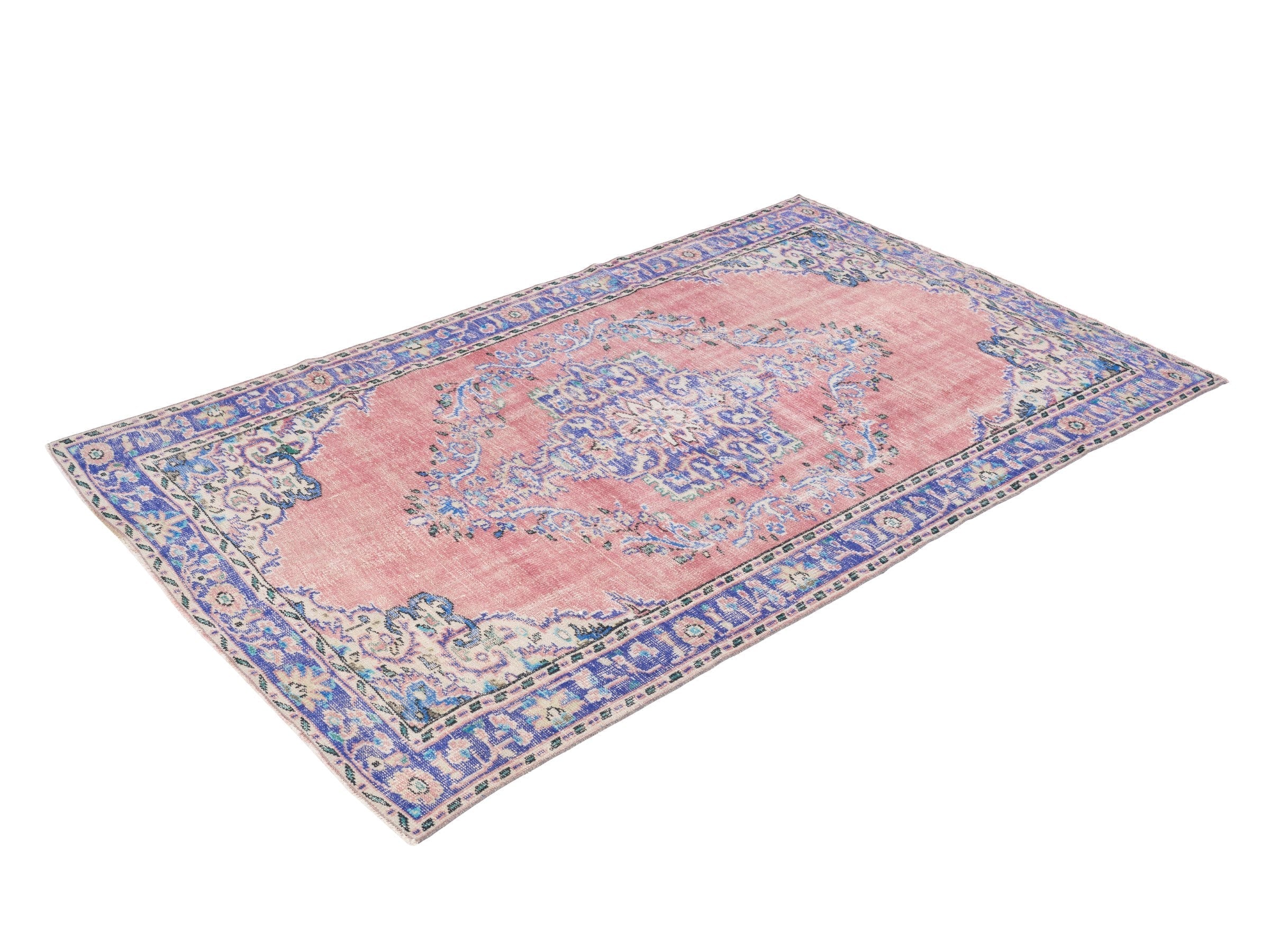 Turkish Manisa area rug in muted pink and slate blue, view 3 of 10