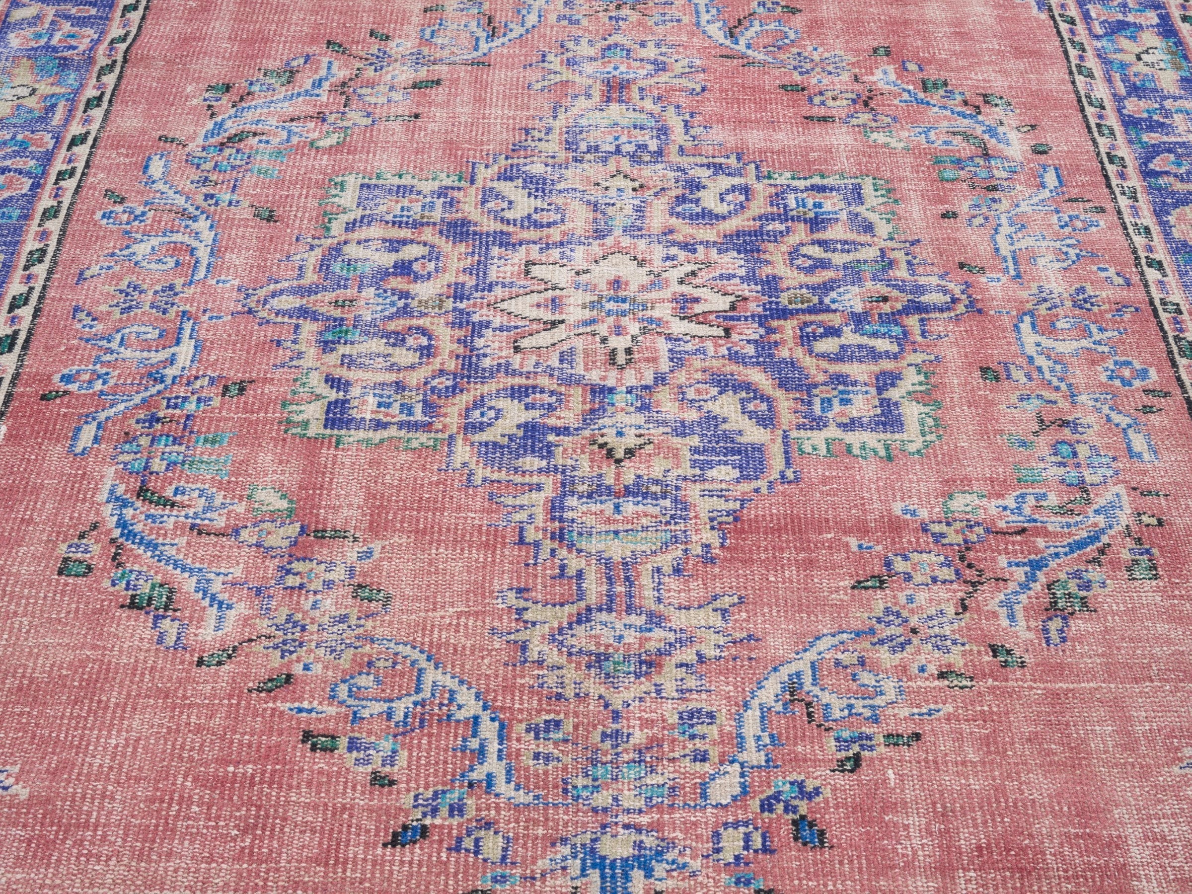 Turkish Manisa area rug in muted pink and slate blue, view 4 of 10