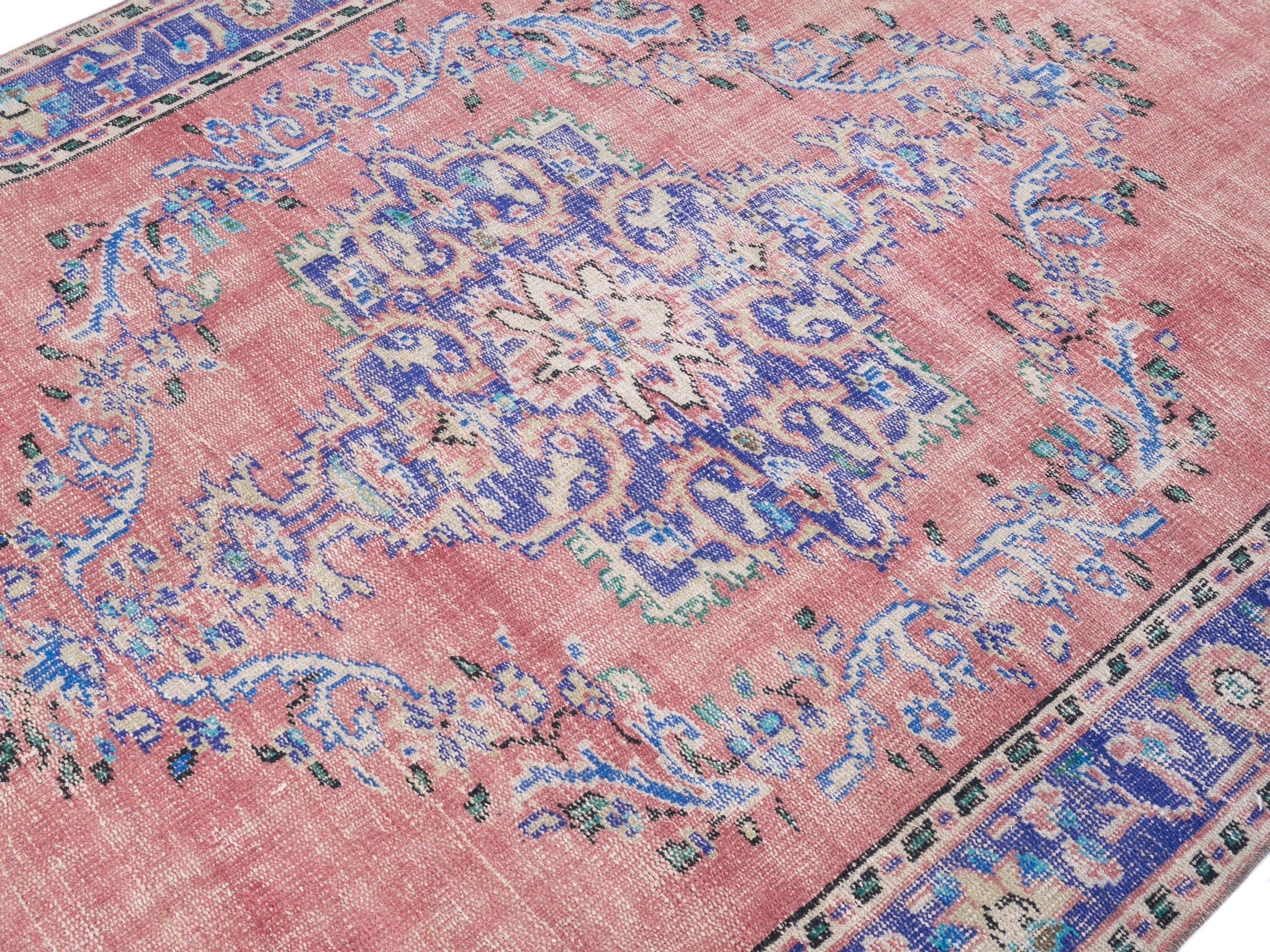 Turkish Manisa area rug in muted pink and slate blue, view 5 of 10