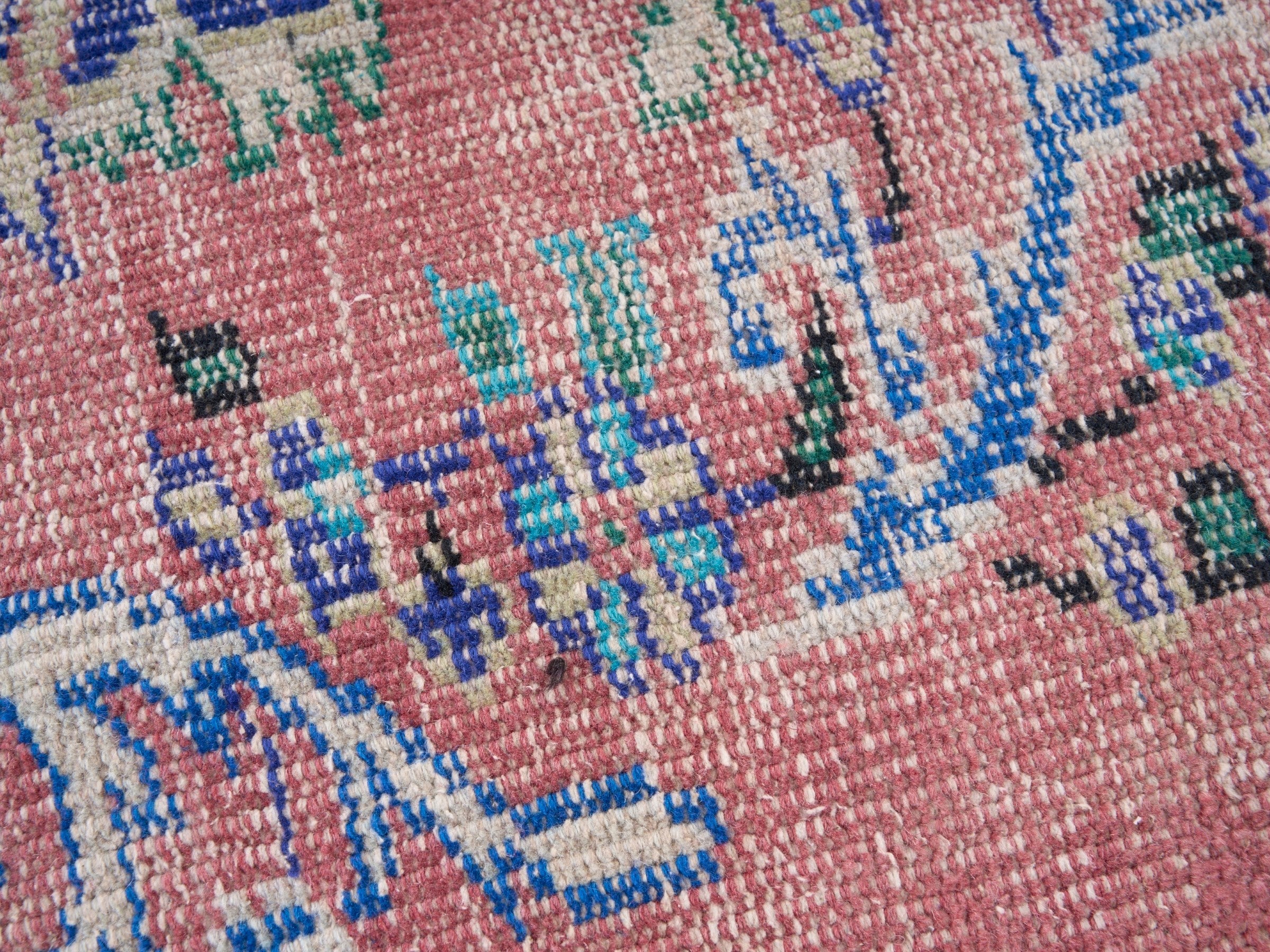 Turkish Manisa area rug in muted pink and slate blue, view 7 of 10