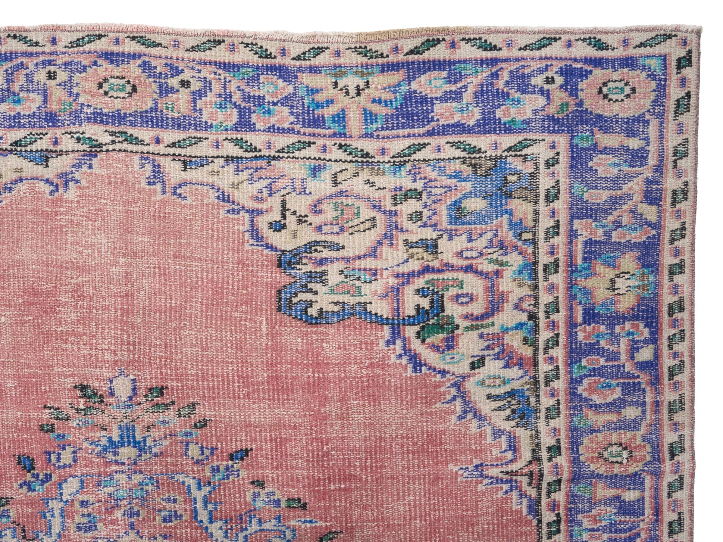 Turkish Manisa area rug in muted pink and slate blue, view 8 of 10