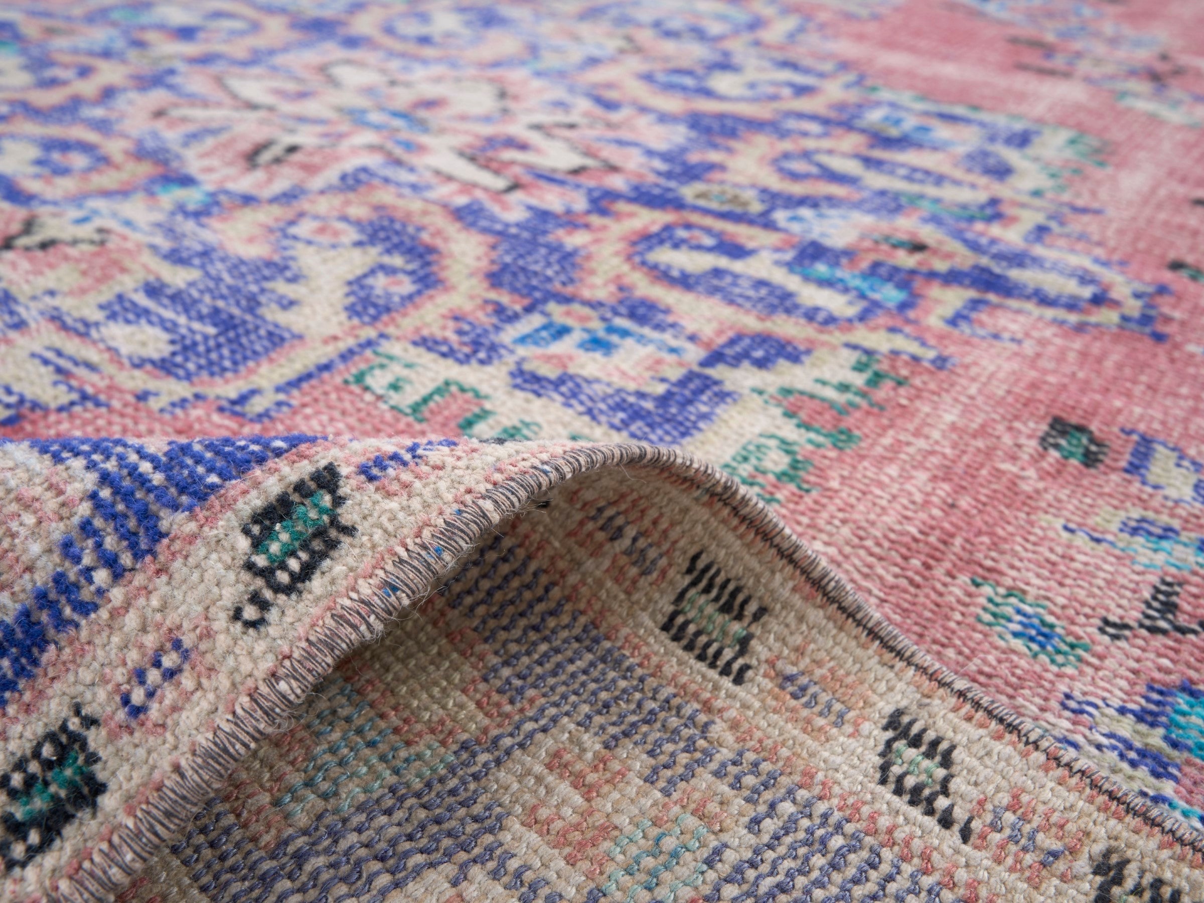 Turkish Manisa area rug in muted pink and slate blue, view 9 of 10