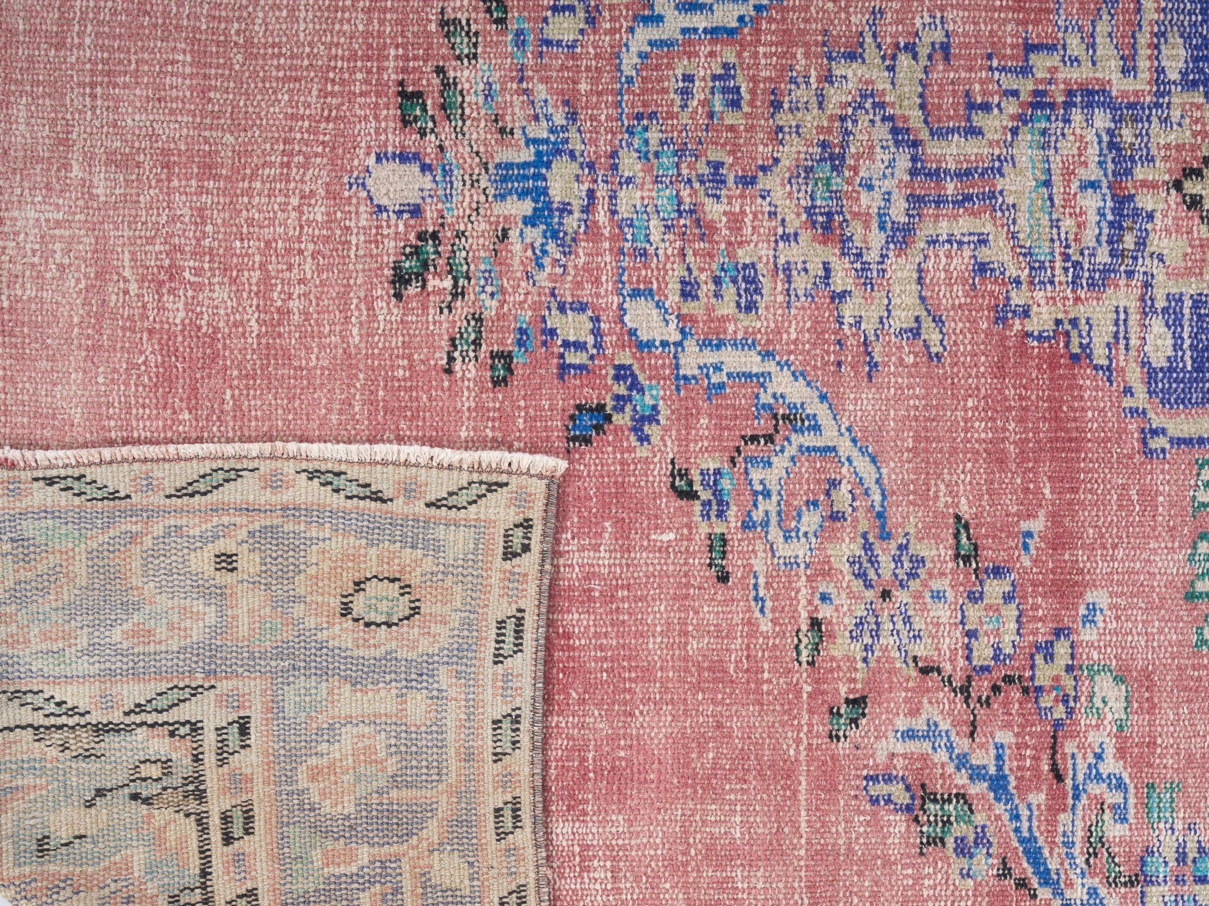 Turkish Manisa area rug in muted pink and slate blue, view 10 of 10