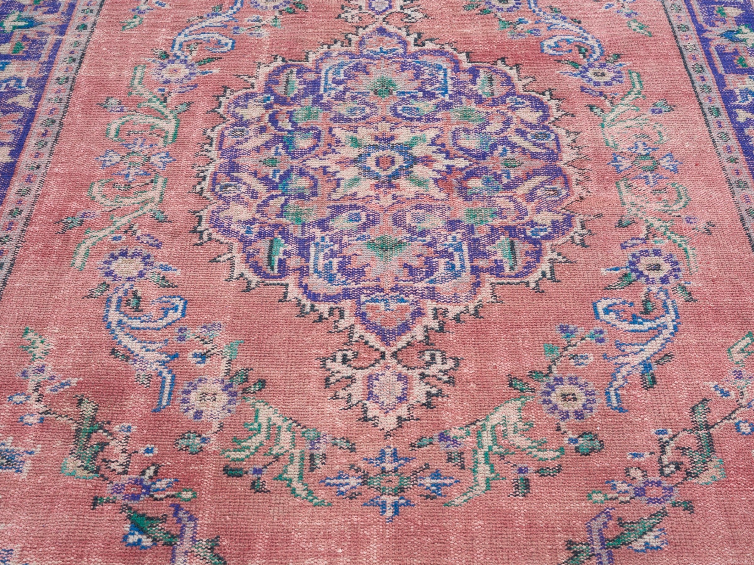 Turkish Manisa area rug in dusty rose and plum, view 4 of 10