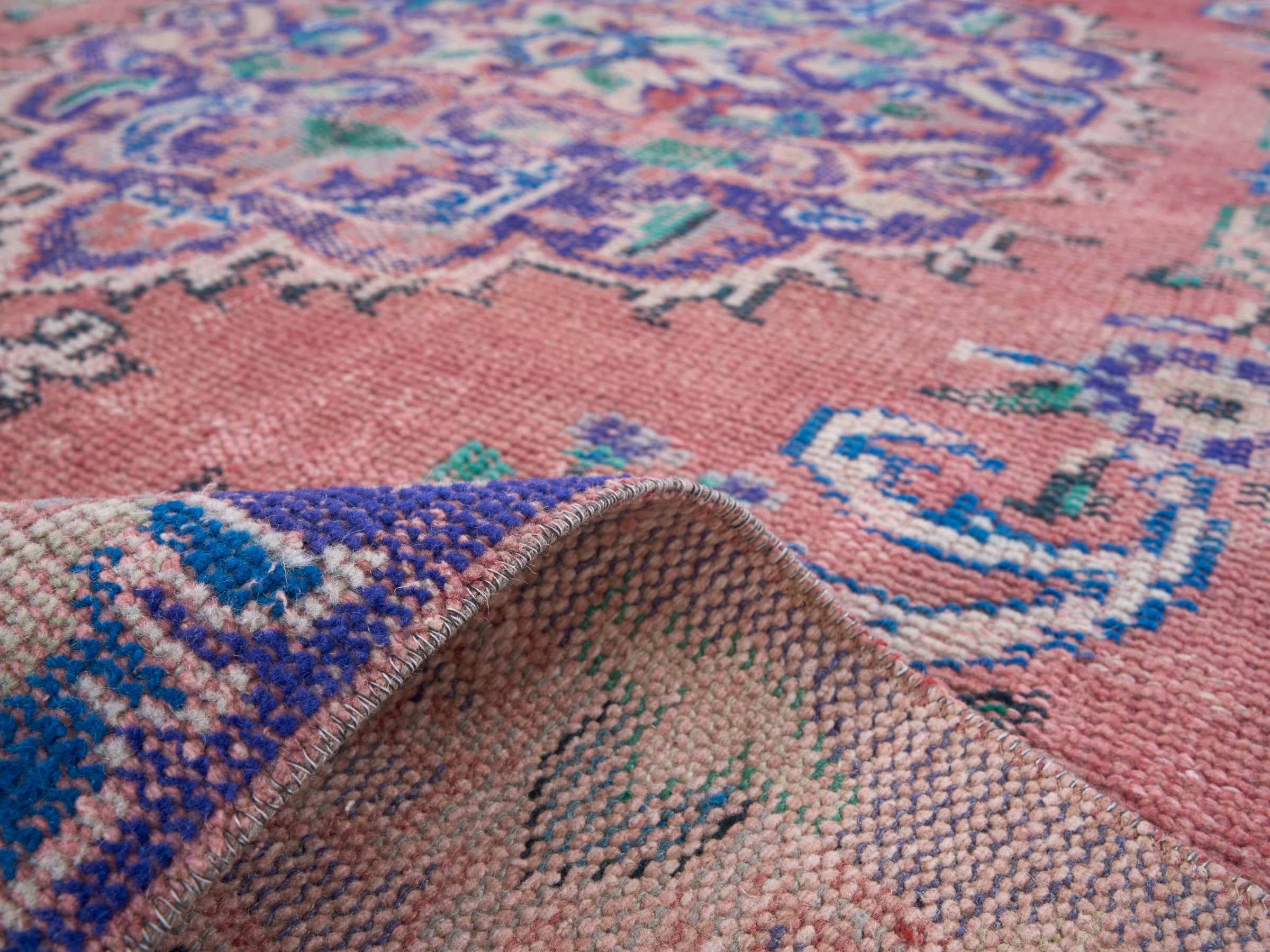 Turkish Manisa area rug in dusty rose and plum, view 9 of 10