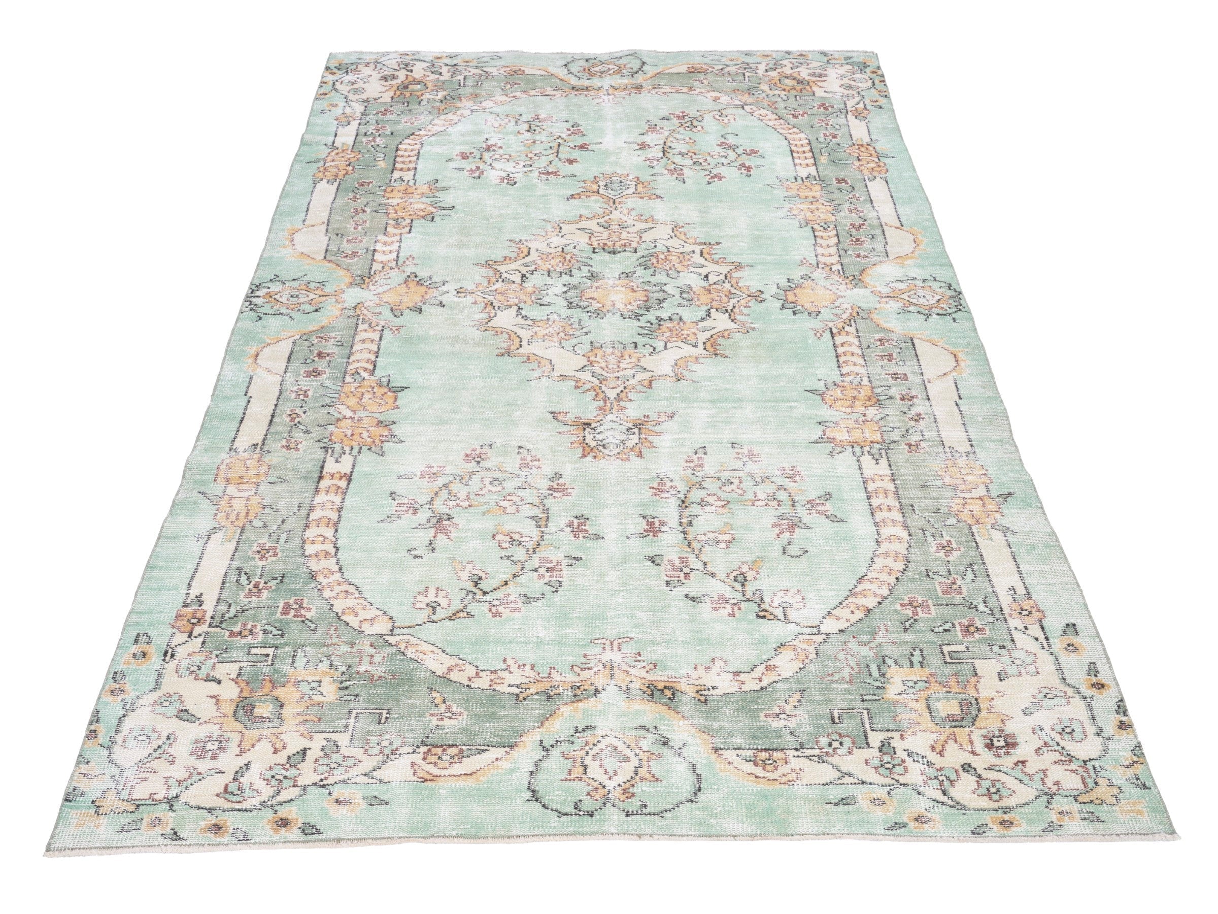 Turkish Manisa area rug in celadon and terracotta, view 2 of 10