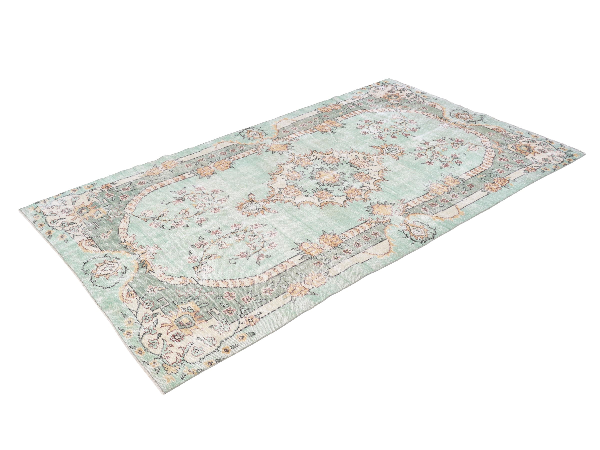 Turkish Manisa area rug in celadon and terracotta, view 3 of 10