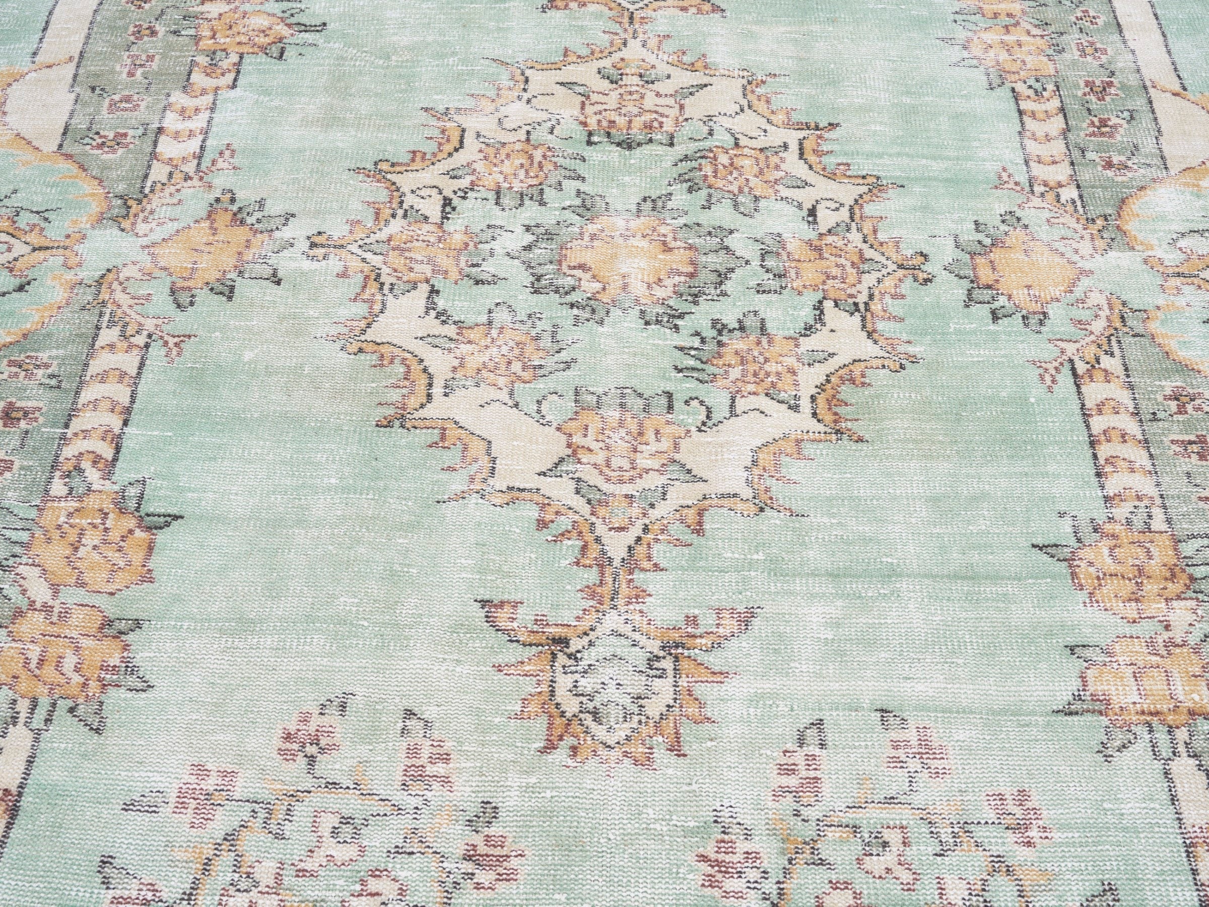 Turkish Manisa area rug in celadon and terracotta, view 4 of 10