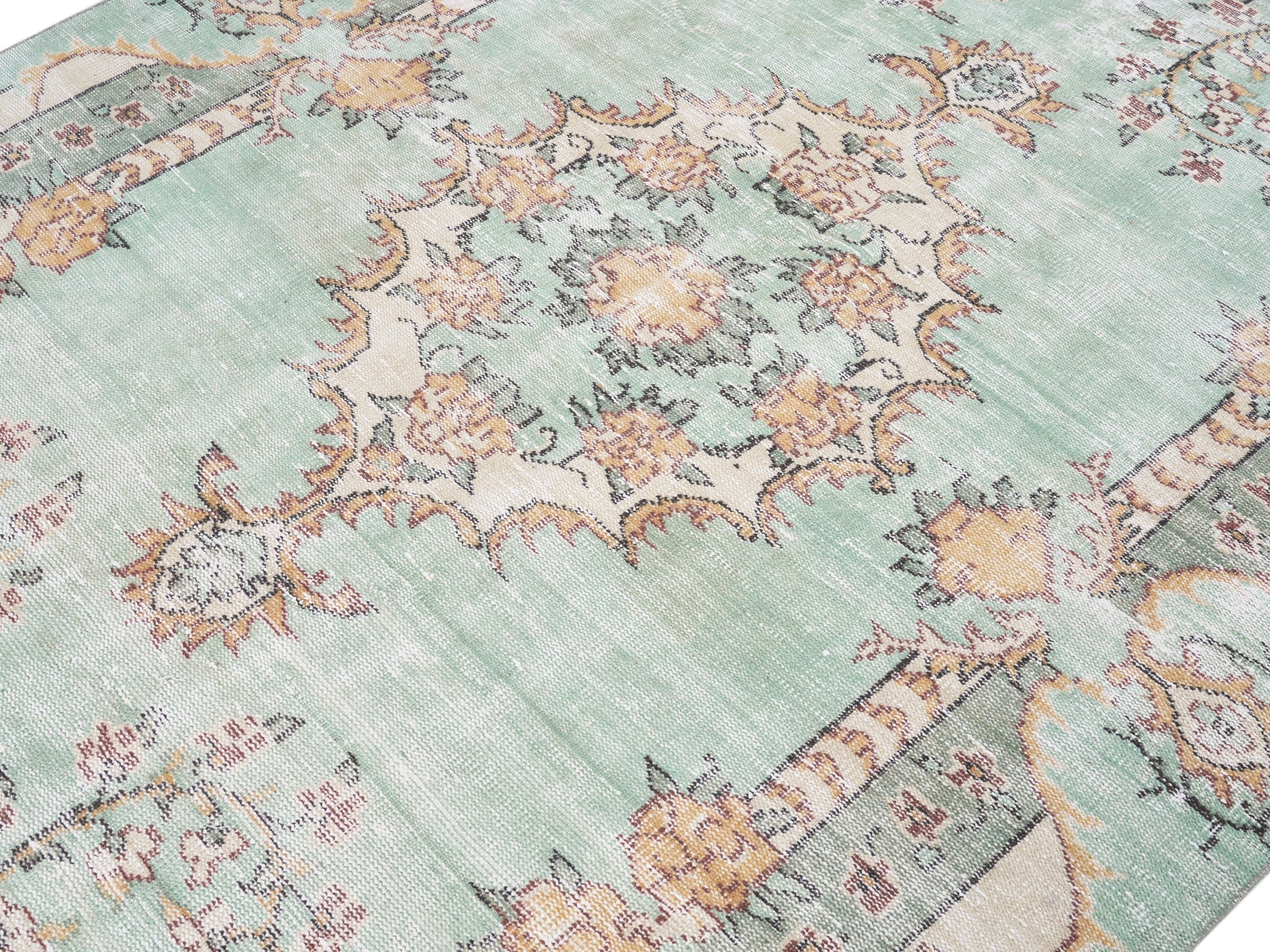 Turkish Manisa area rug in celadon and terracotta, view 5 of 10