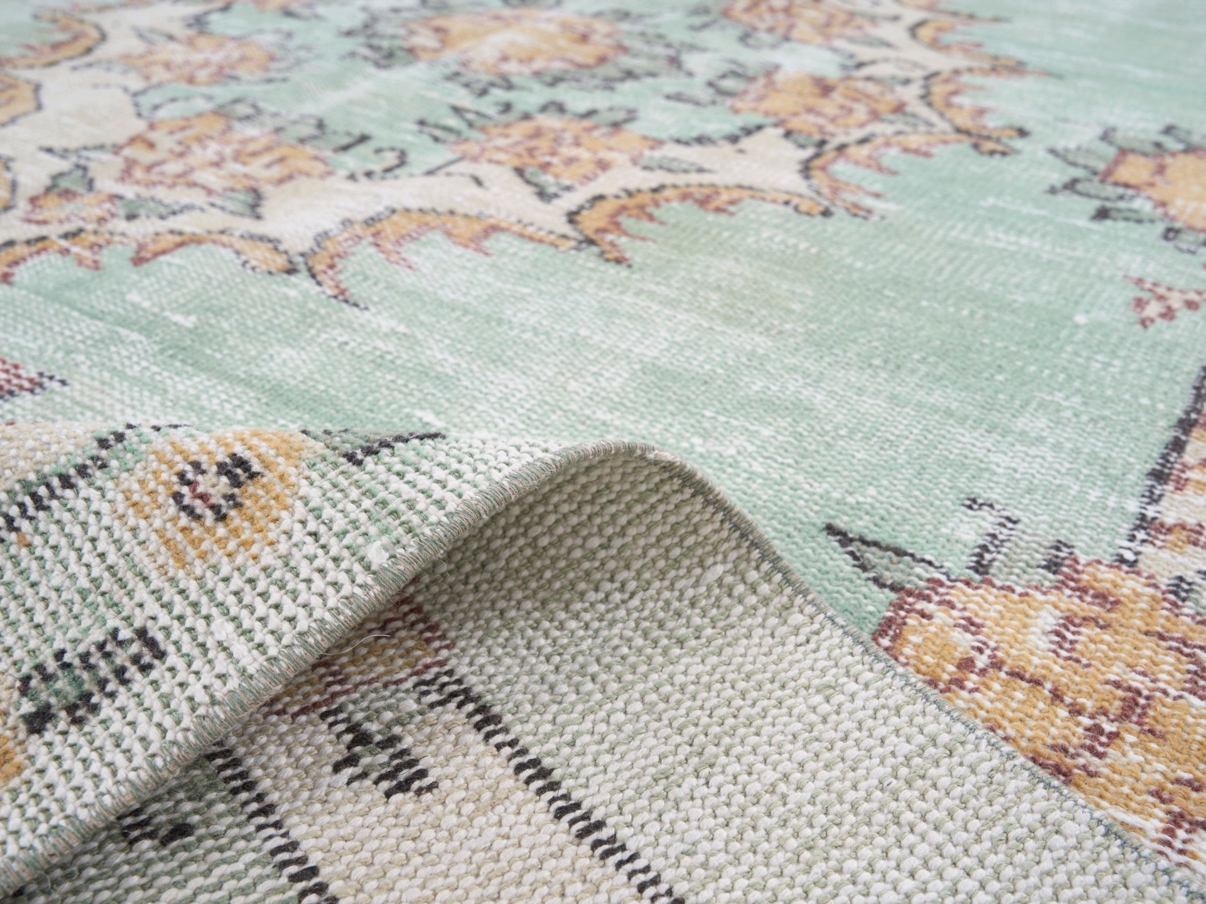 Turkish Manisa area rug in celadon and terracotta, view 9 of 10