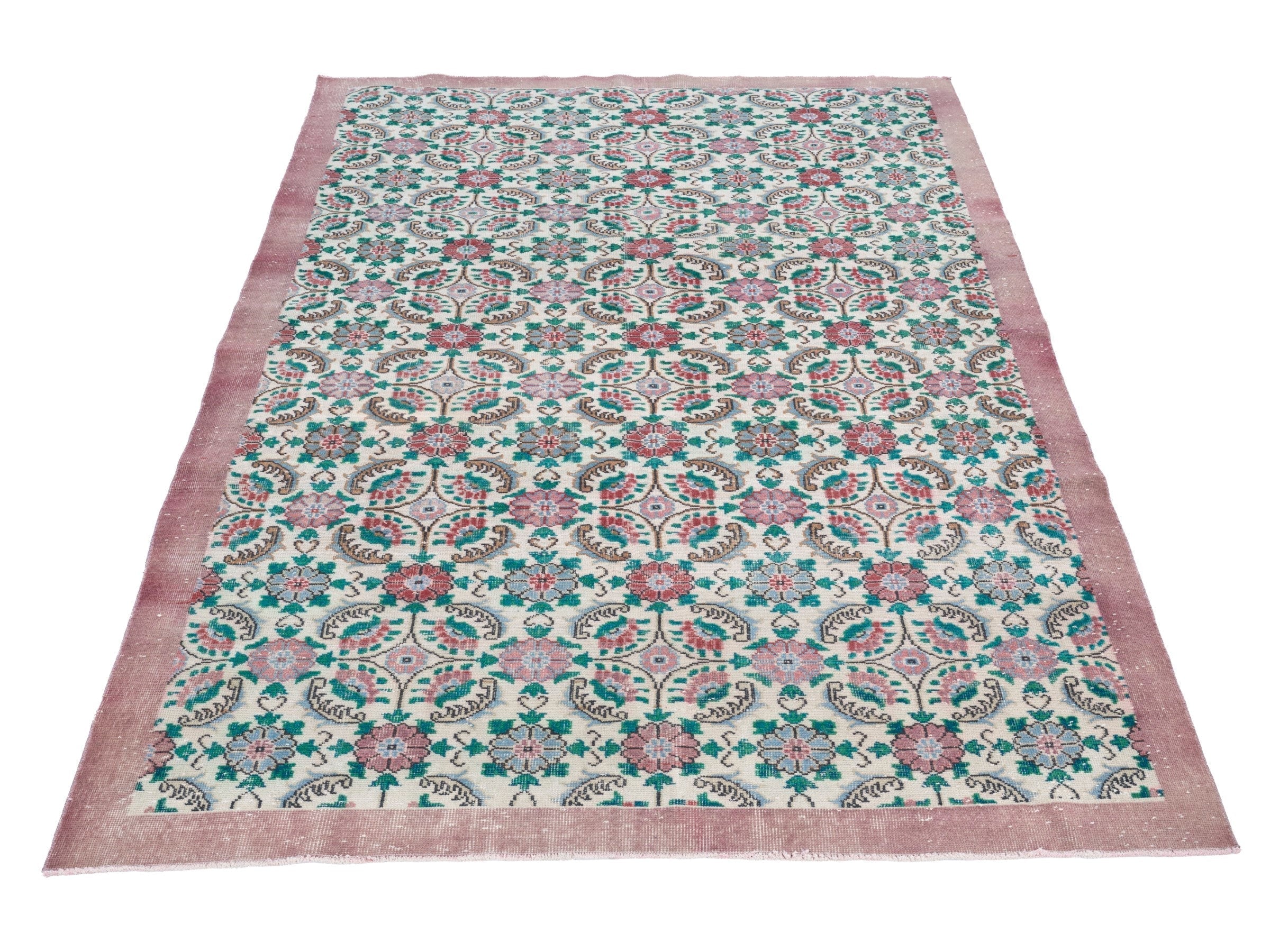 Turkish Isparta area rug in cream and teal, view 2 of 10