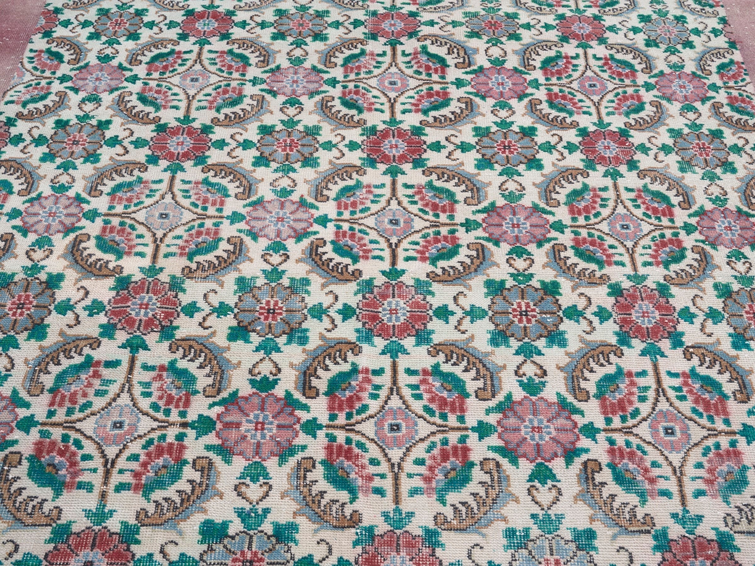 Turkish Isparta area rug in cream and teal, view 4 of 10