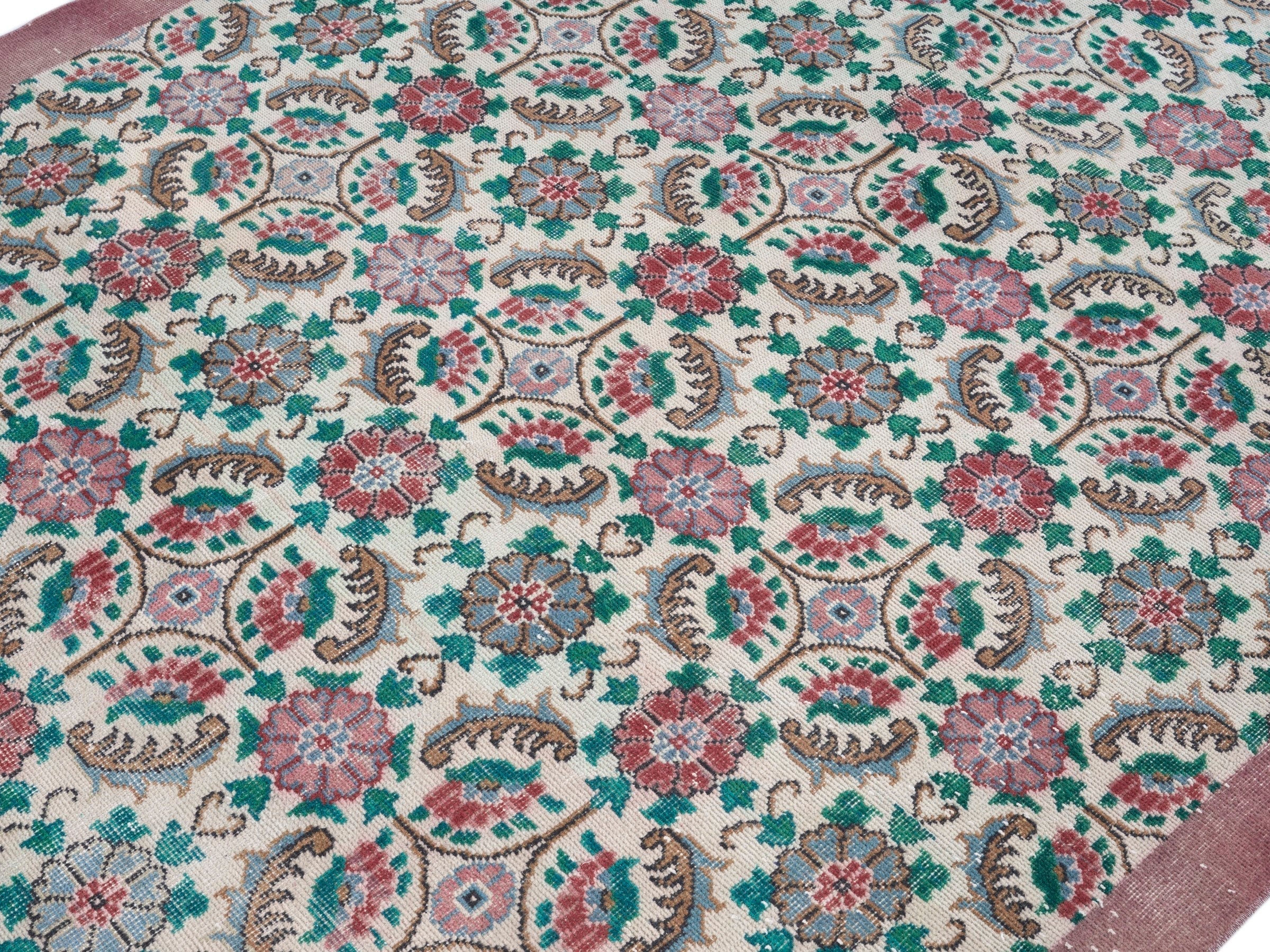 Turkish Isparta area rug in cream and teal, view 5 of 10