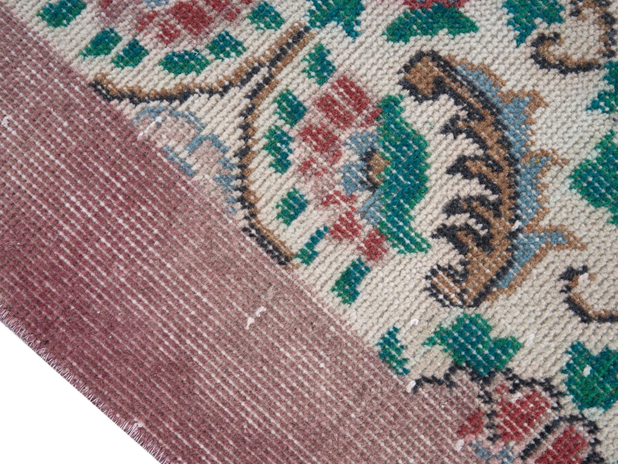 Turkish Isparta area rug in cream and teal, view 6 of 10